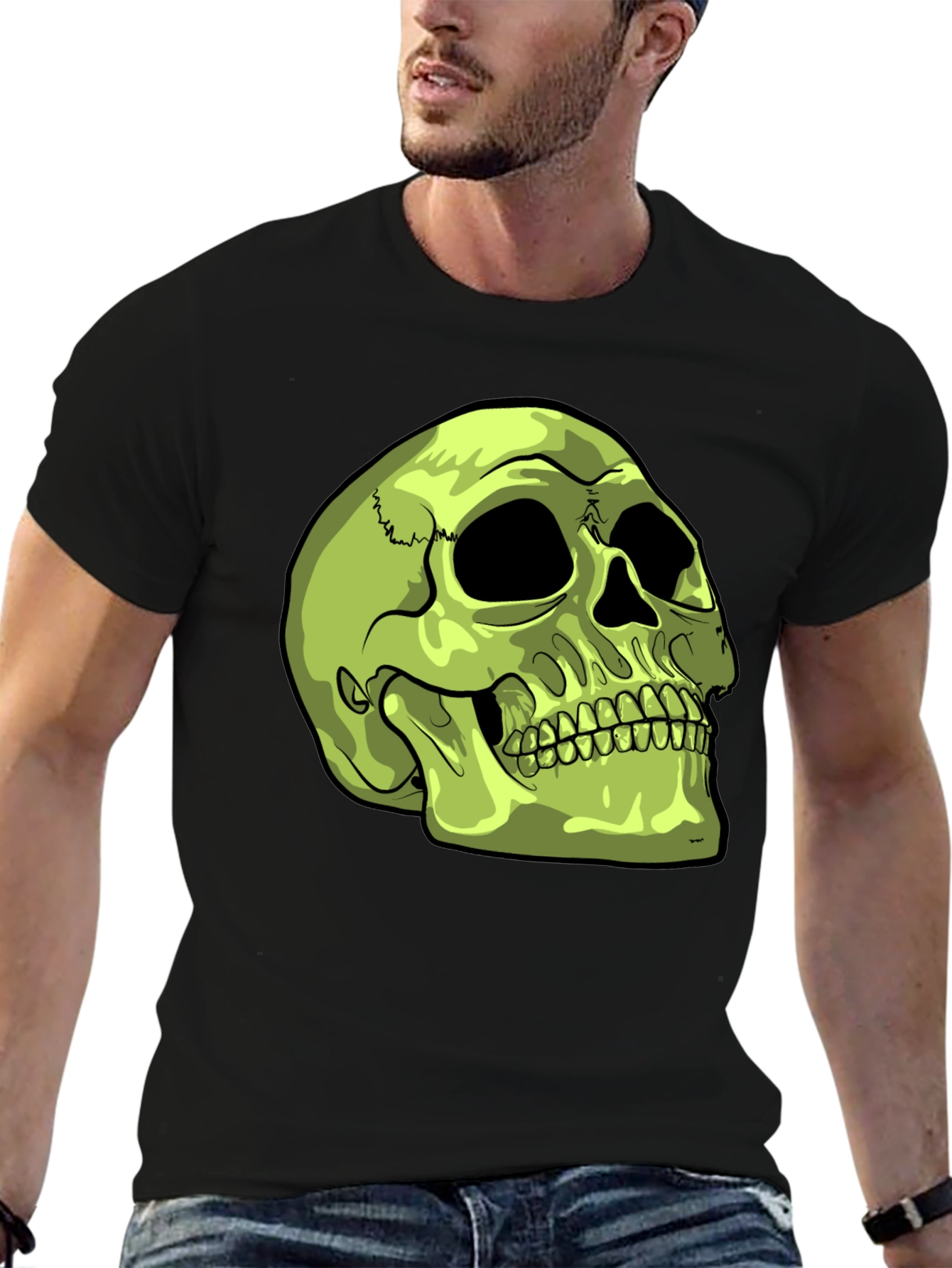 Skull Graphic T-Shirt - Green Skull on Black Tee