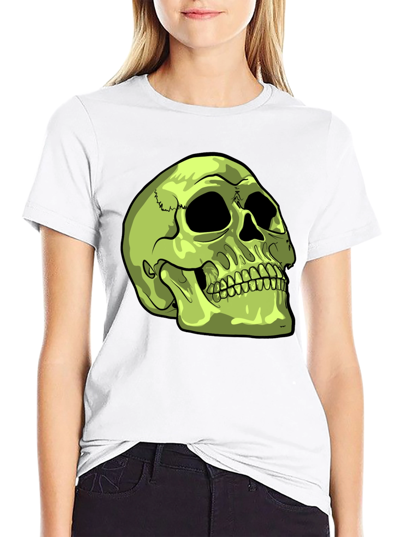 Skull Graphic T-Shirt - Green Skull on Black Tee