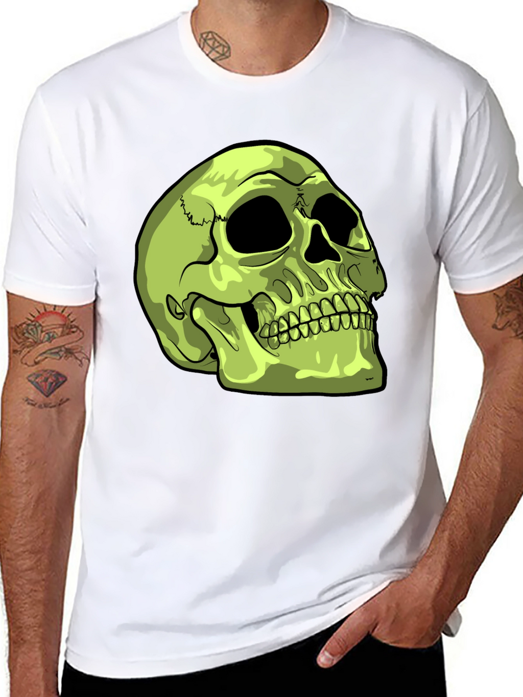Skull Graphic T-Shirt - Green Skull on Black Tee