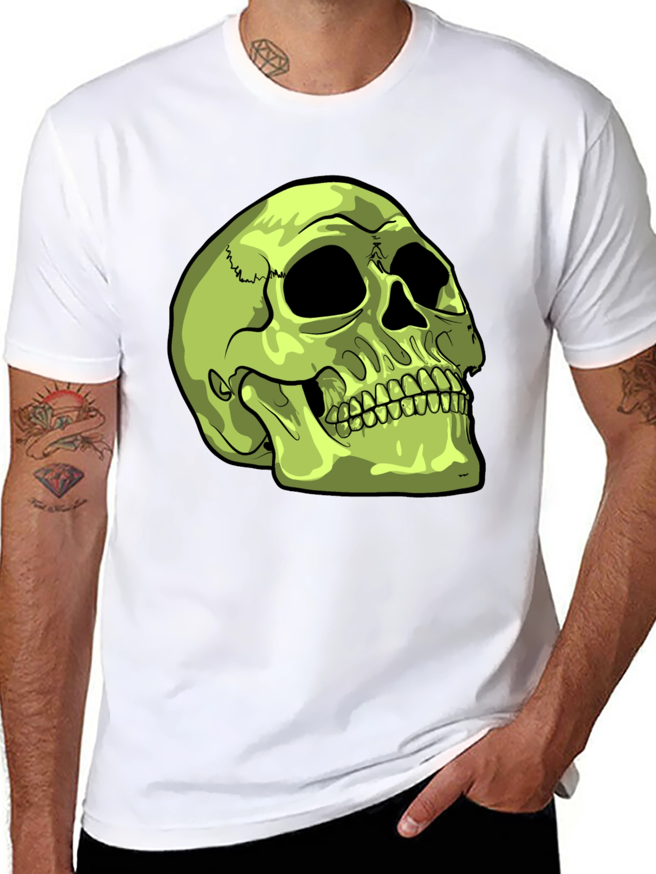 Skull Graphic T-Shirt - Green Skull on Black Tee