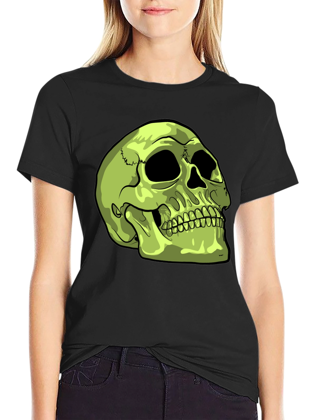 Skull Graphic T-Shirt - Green Skull on Black Tee