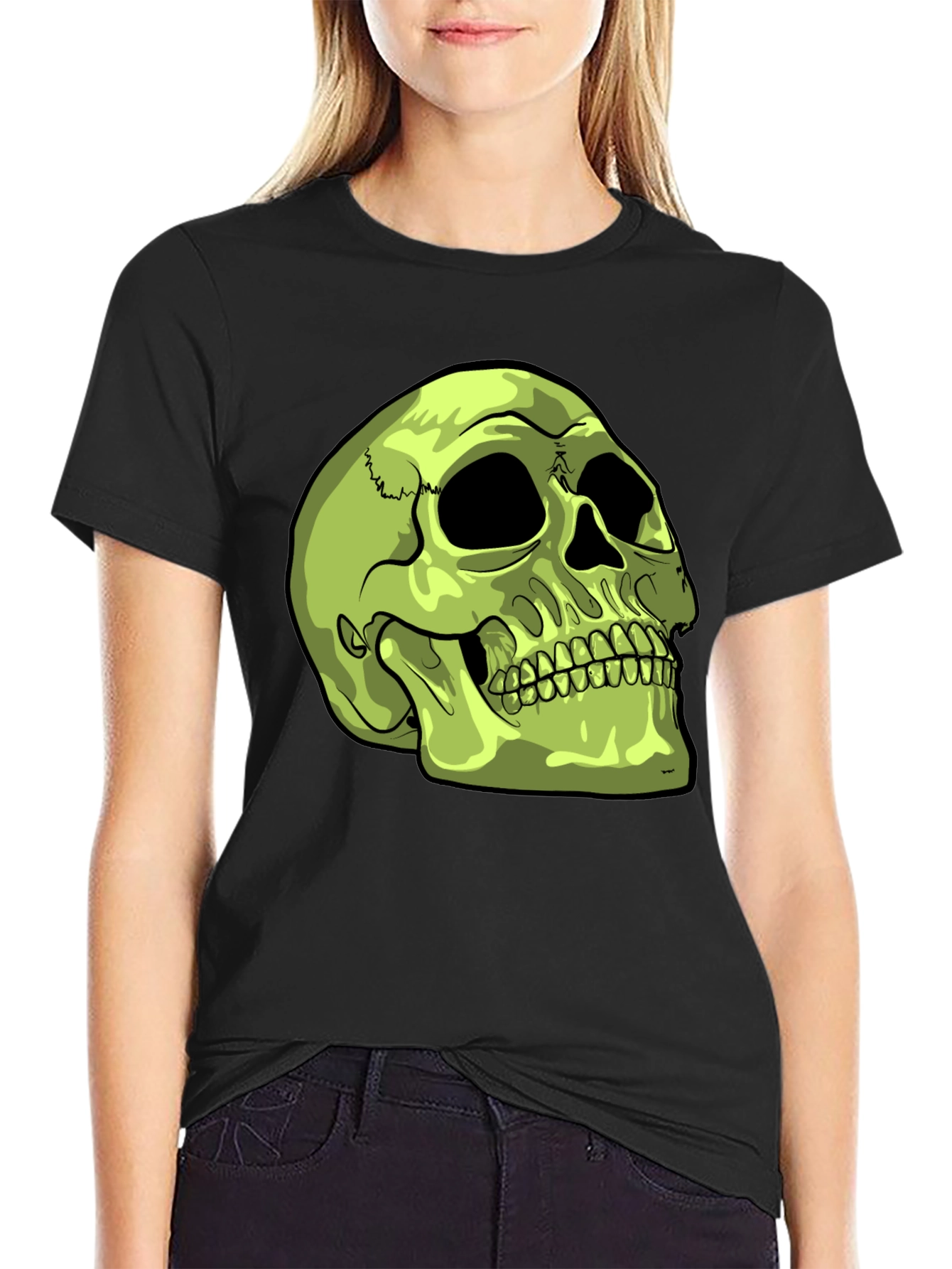 Skull Graphic T-Shirt - Green Skull on Black Tee