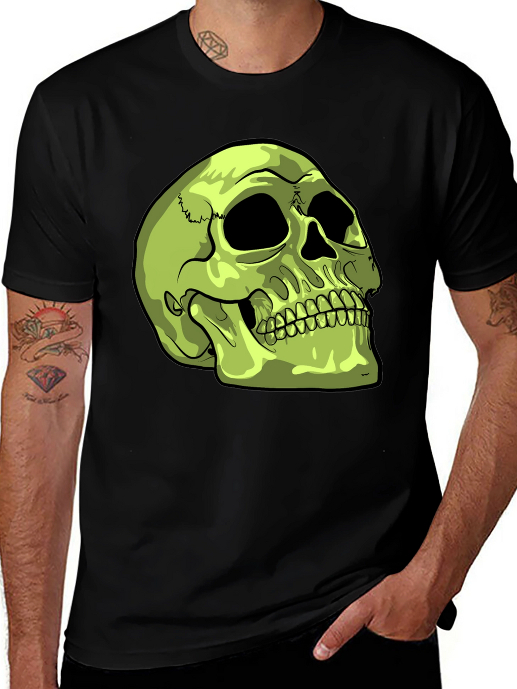 Skull Graphic T-Shirt - Green Skull on Black Tee