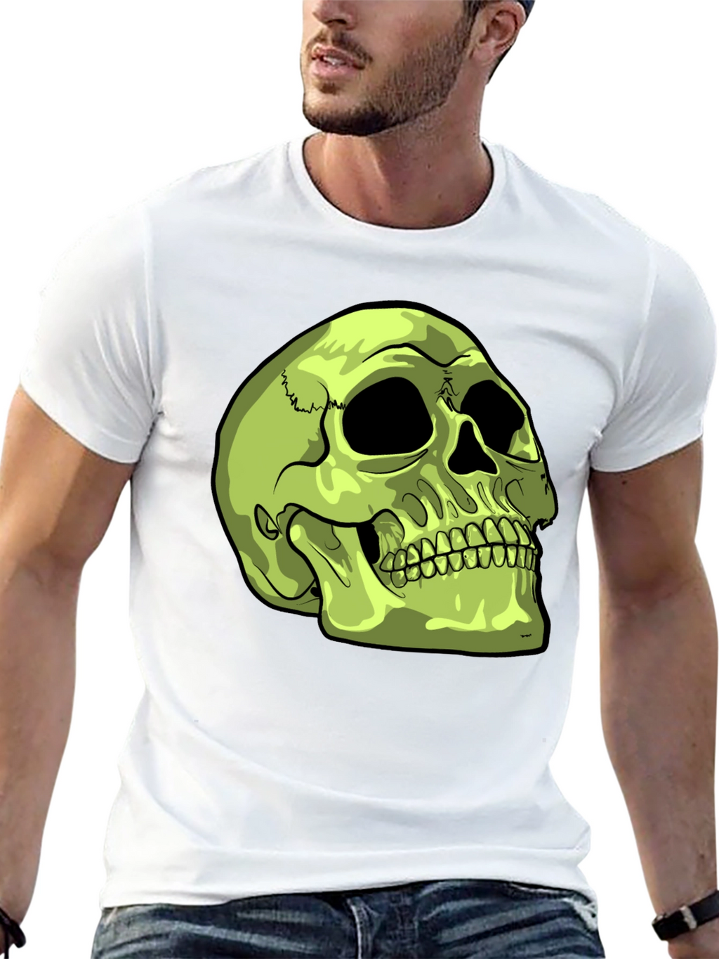 Skull Graphic T-Shirt - Green Skull on Black Tee