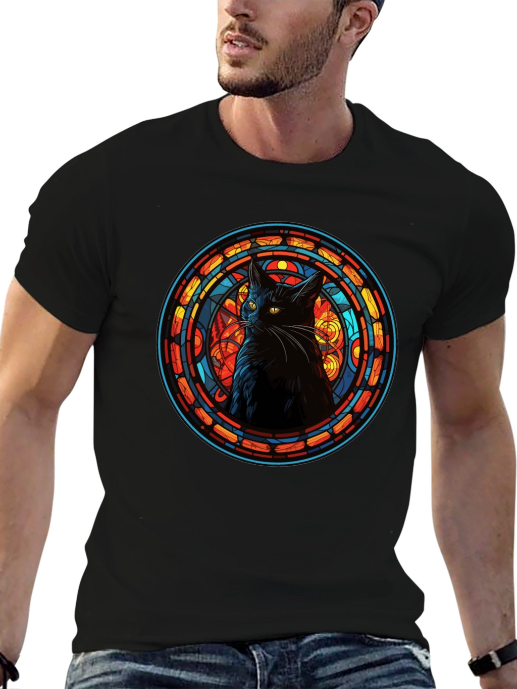 Stained Glass Cat Black T-Shirt