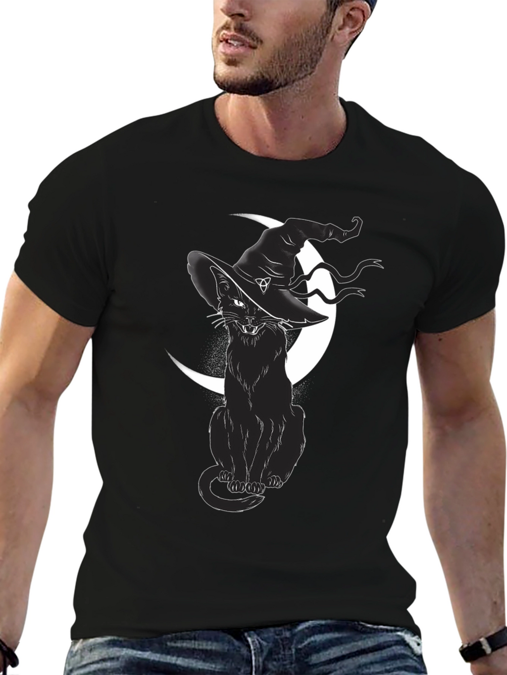 Witch Cat Graphic Tee - Black Cotton T-Shirt
