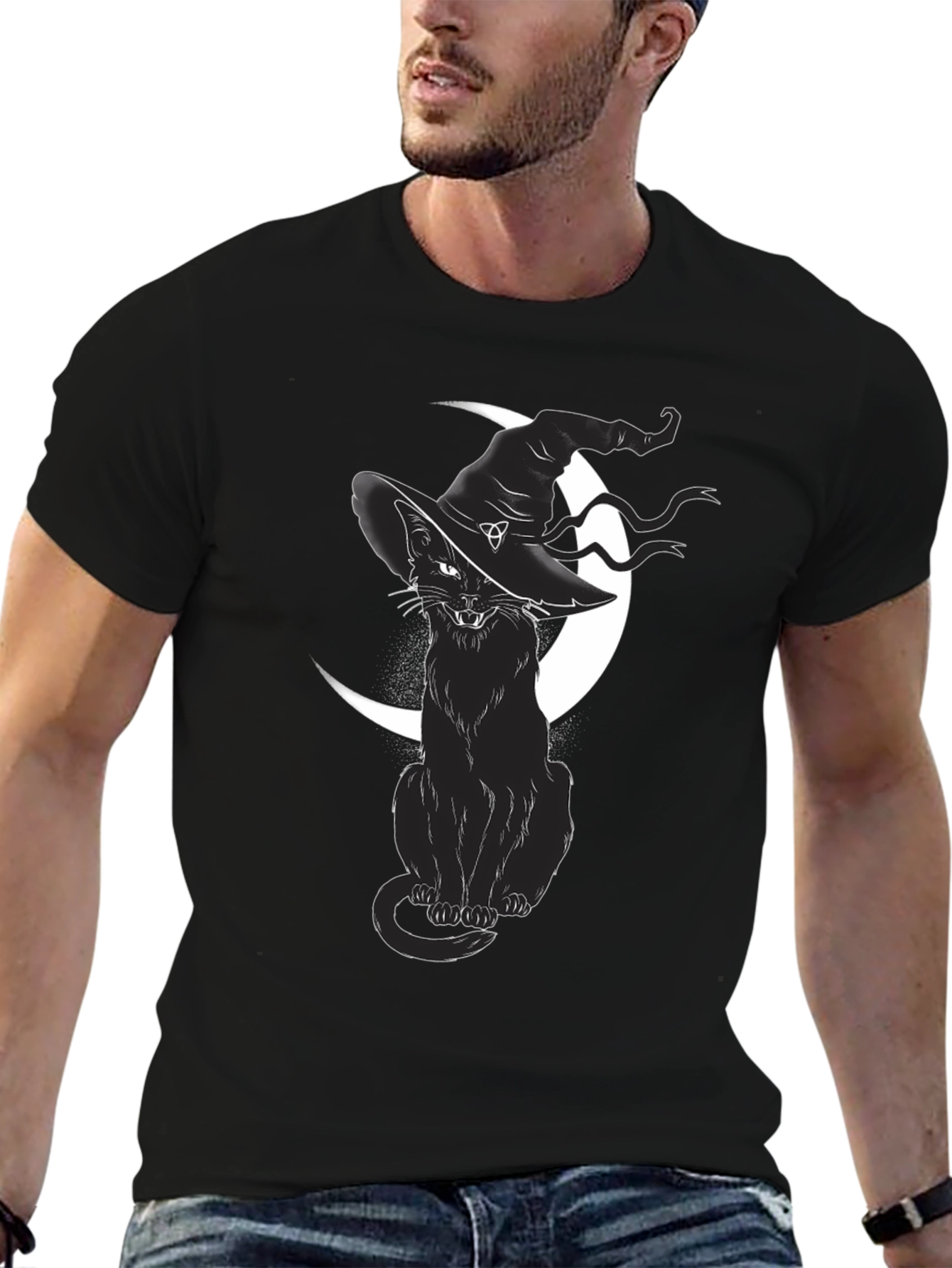 Witch Cat Graphic Tee - Black Cotton T-Shirt