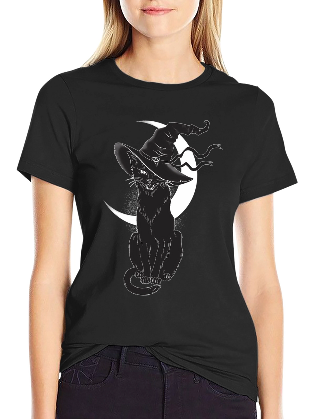 Witch Cat Graphic Tee - Black Cotton T-Shirt