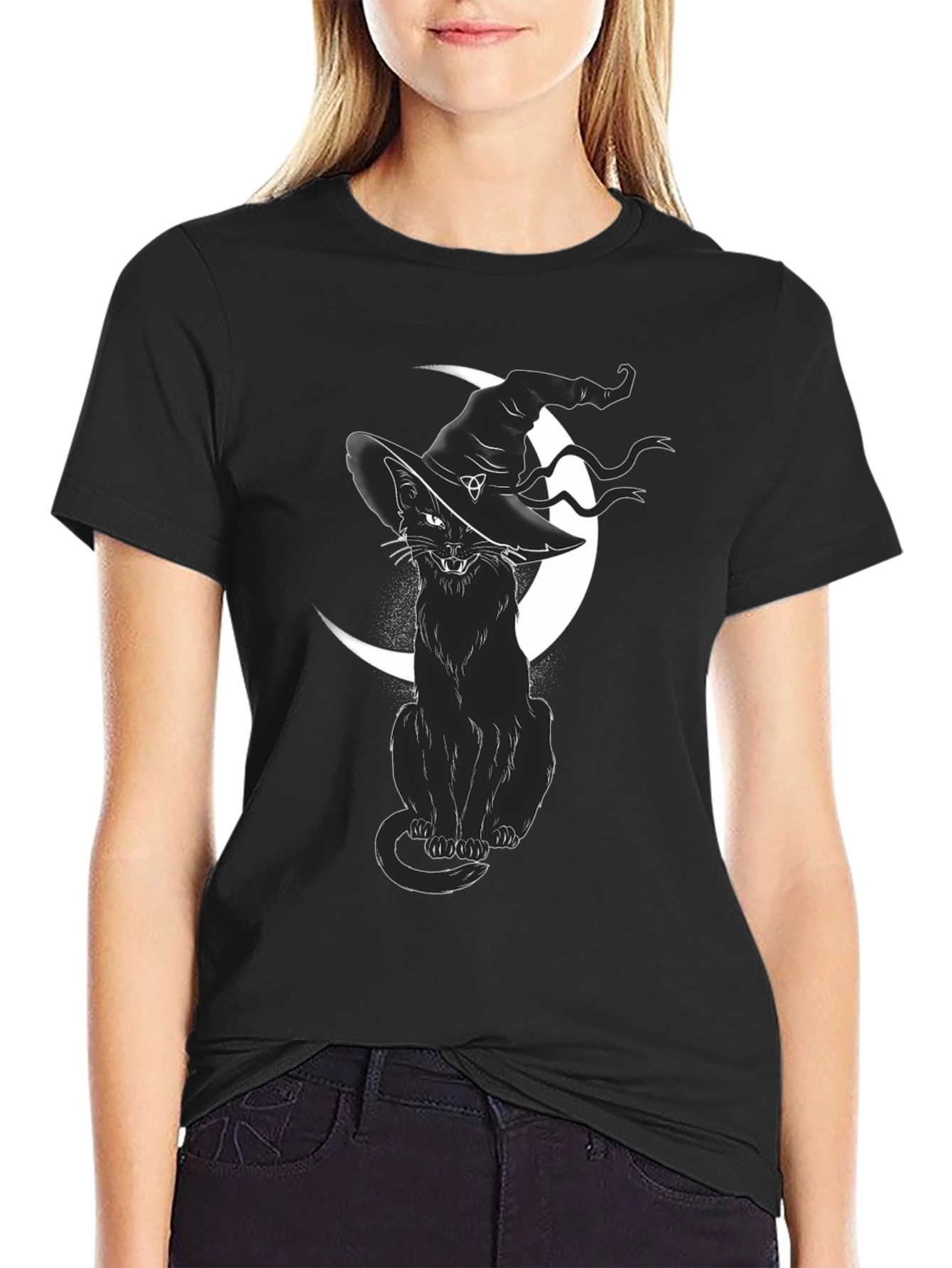 Witch Cat Graphic Tee - Black Cotton T-Shirt
