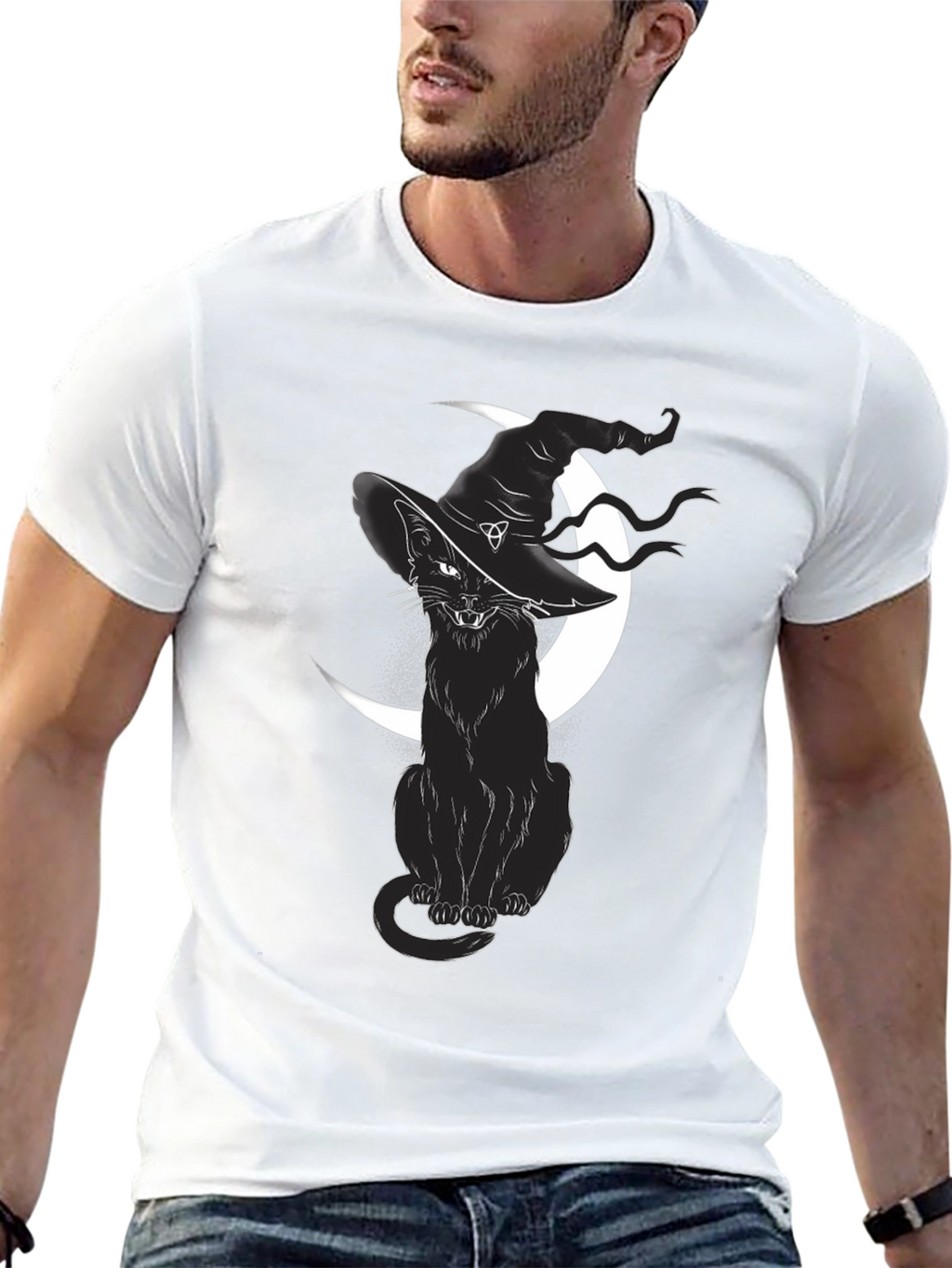 Witch Cat Graphic Tee - Black Cotton T-Shirt