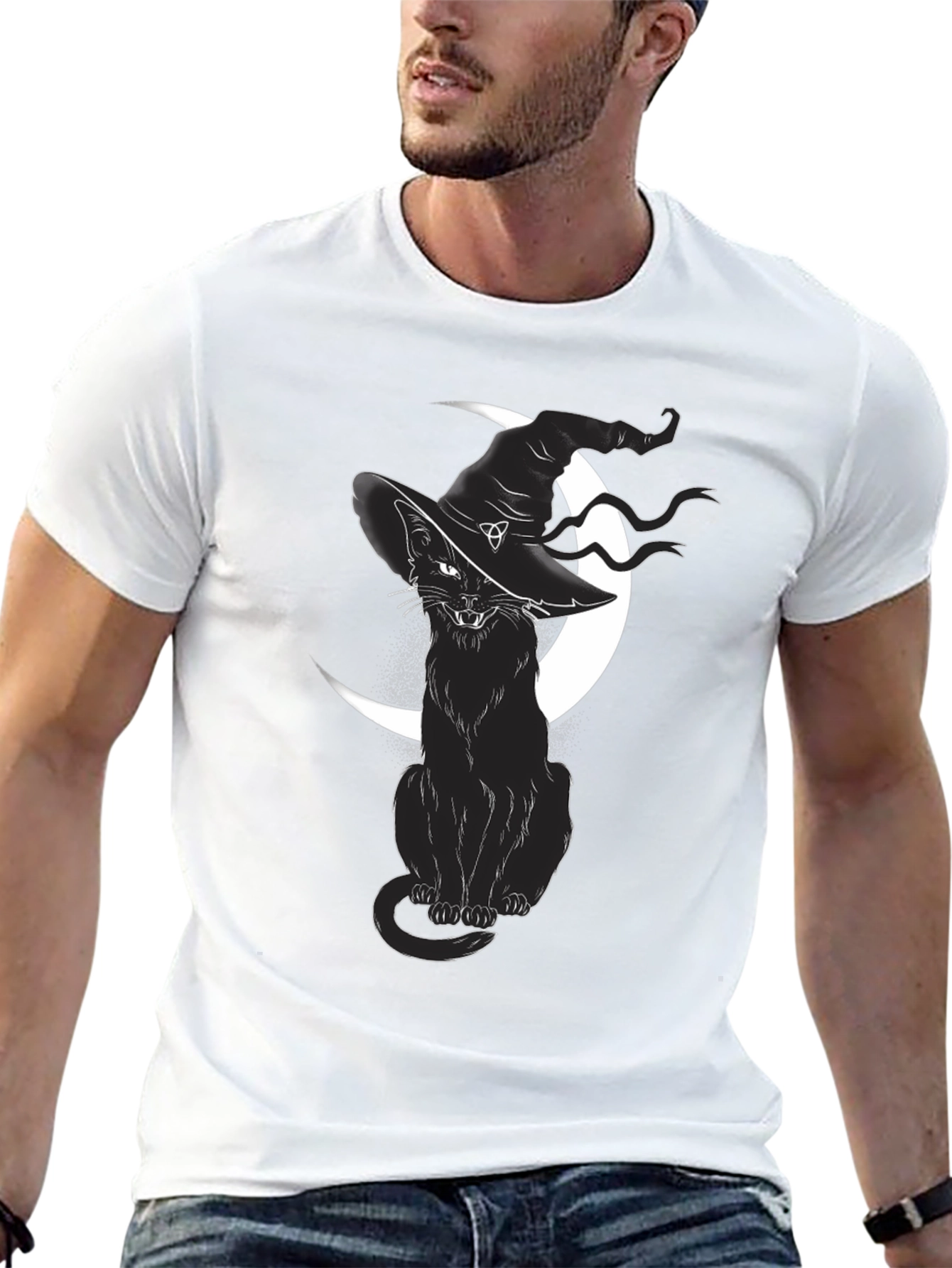 Witch Cat Graphic Tee - Black Cotton T-Shirt