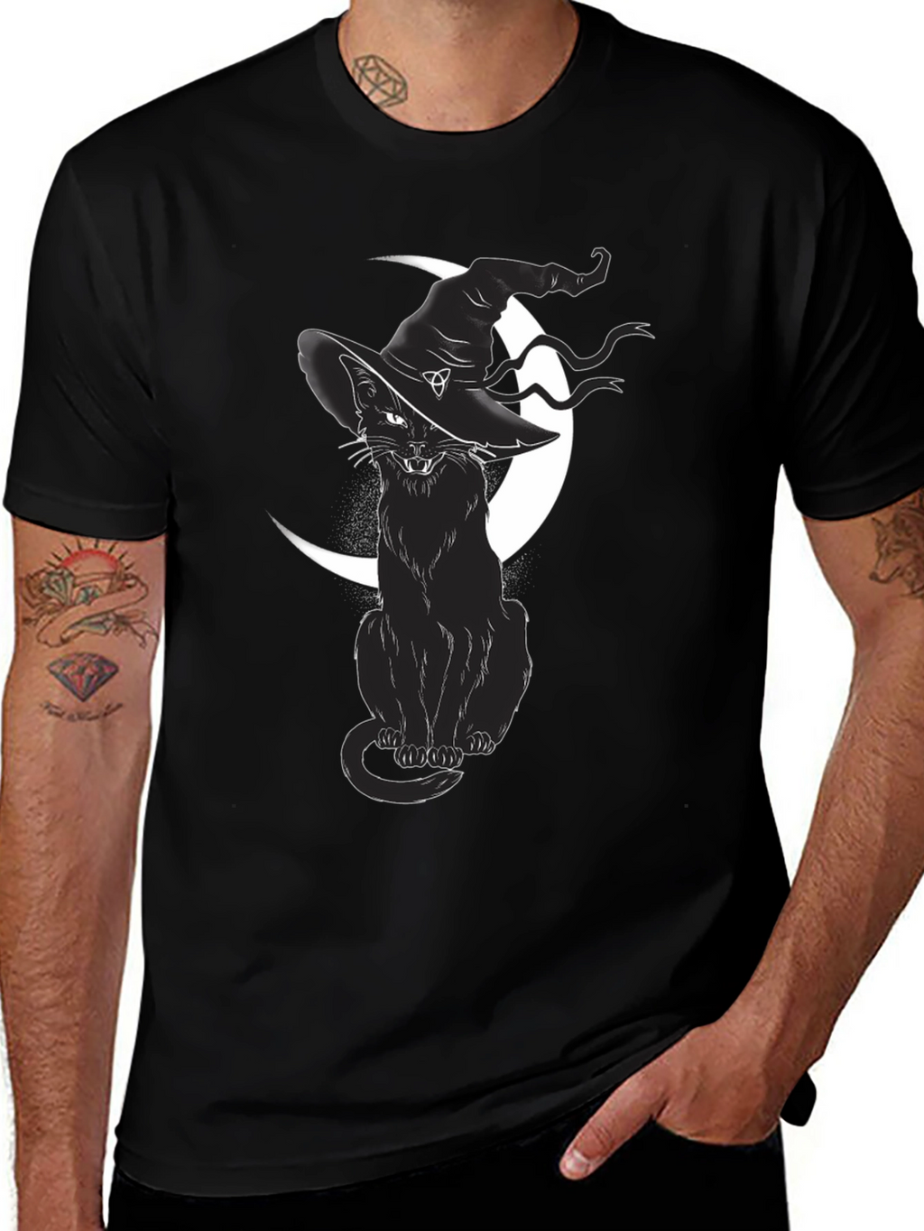 Witch Cat Graphic Tee - Black Cotton T-Shirt