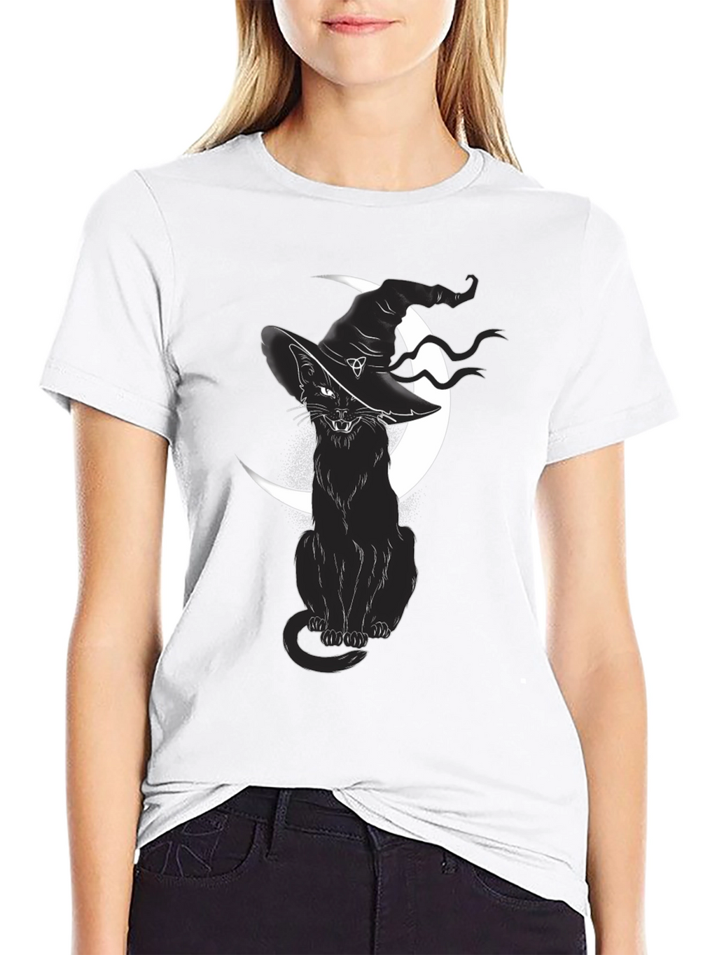 Witch Cat Graphic Tee - Black Cotton T-Shirt