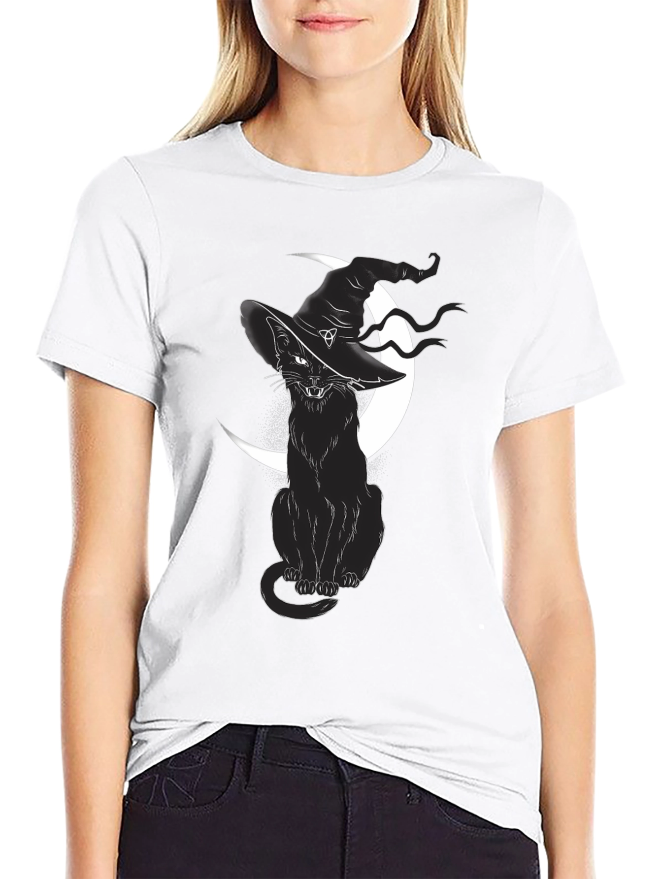 Witch Cat Graphic Tee - Black Cotton T-Shirt