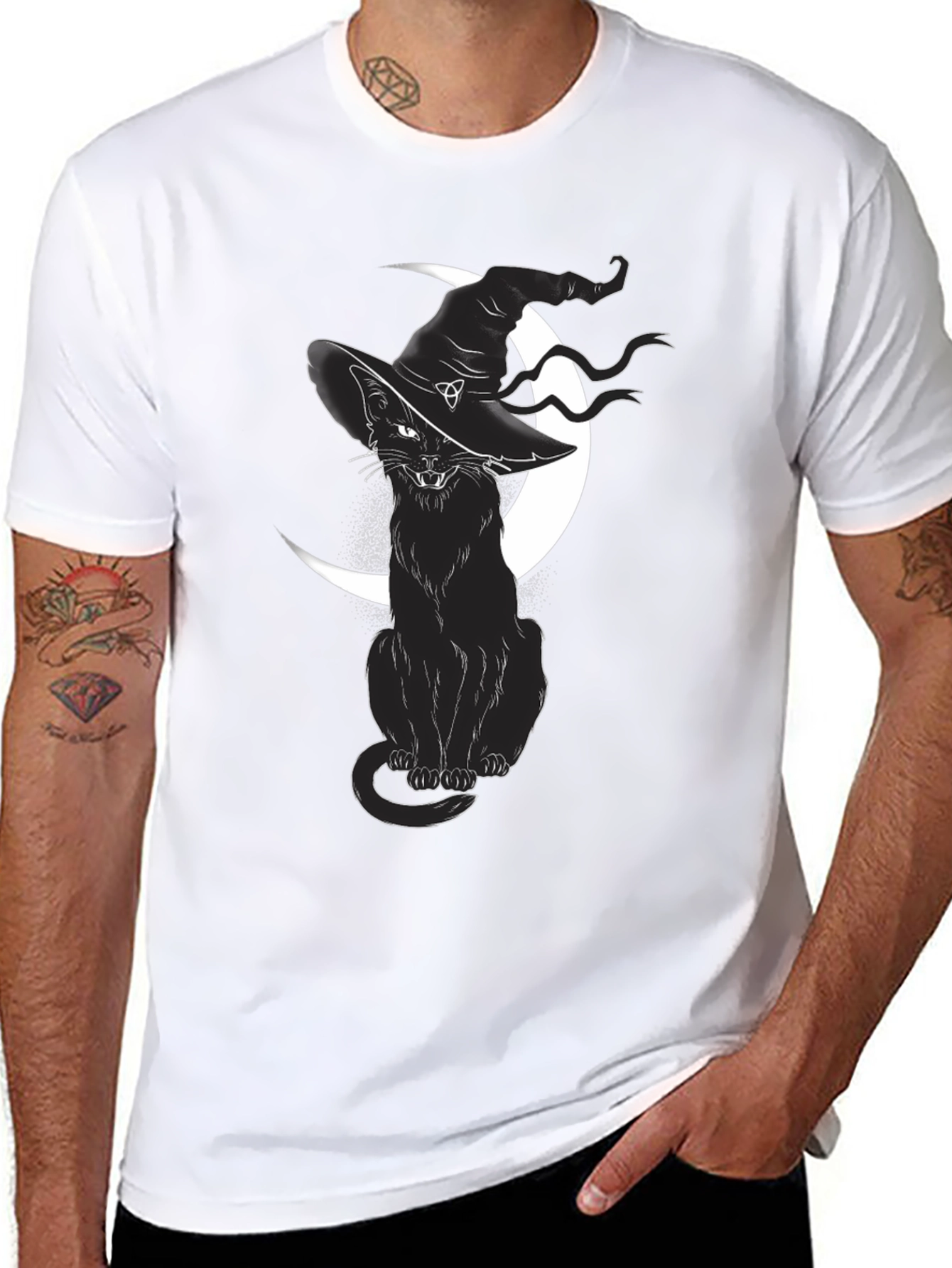 Witch Cat Graphic Tee - Black Cotton T-Shirt