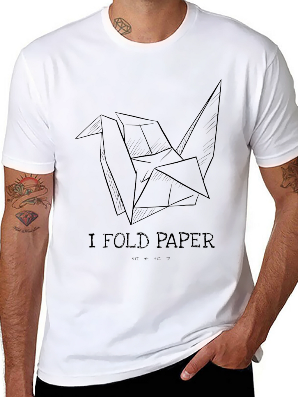 I Fold Paper Black T-Shirt Origami Crane Design