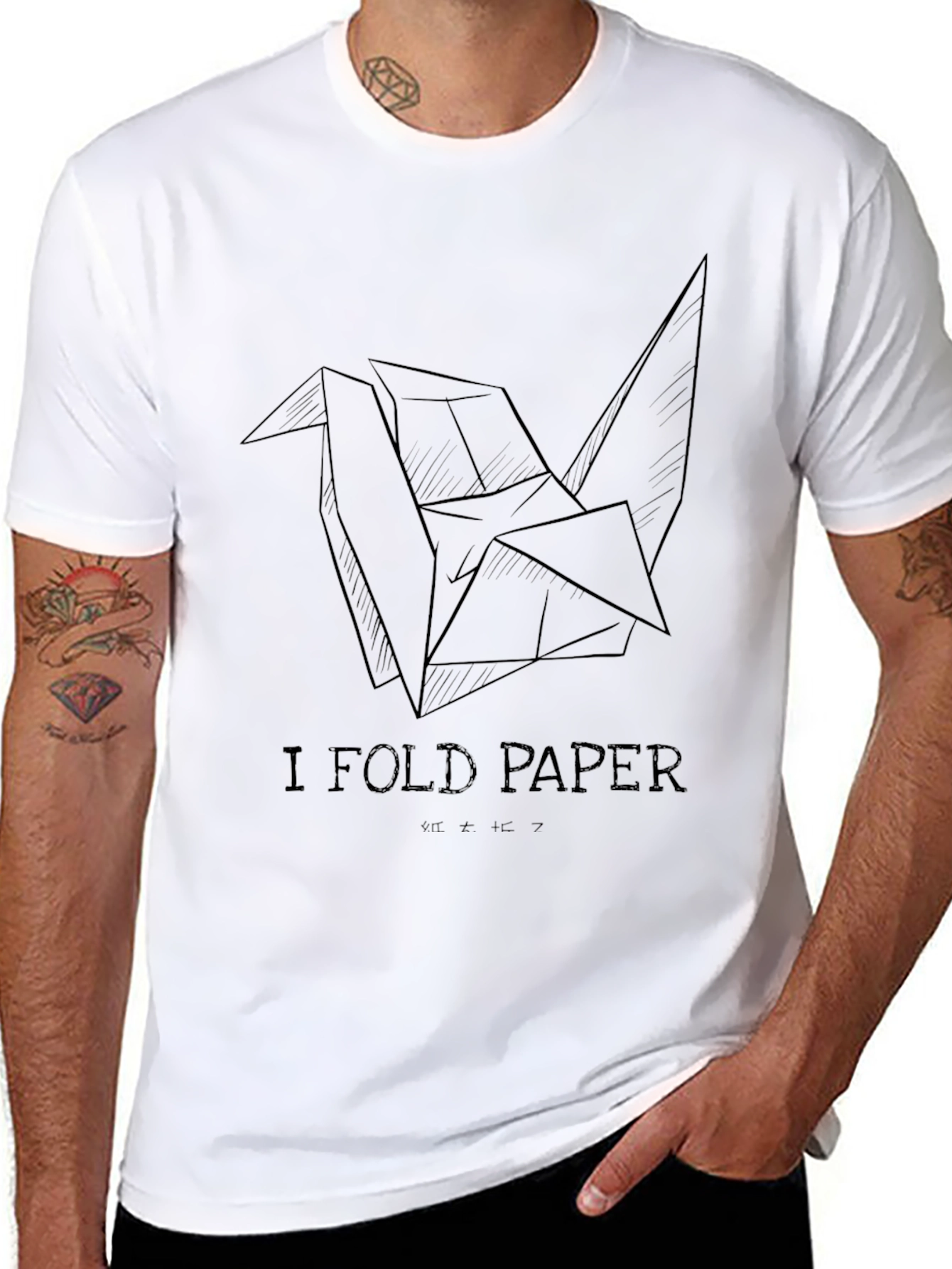 I Fold Paper Black T-Shirt Origami Crane Design
