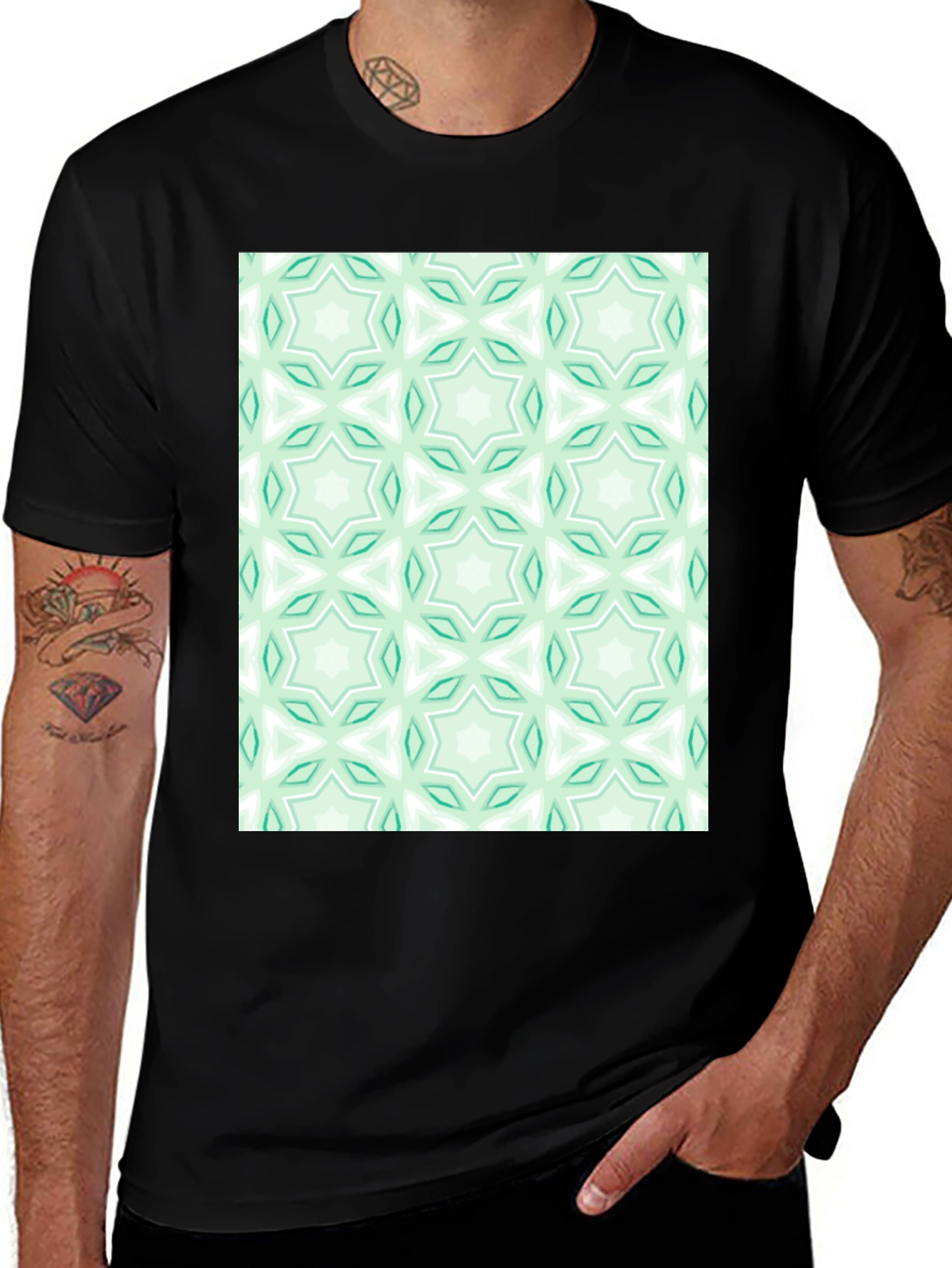 Kaleidoscope Pattern T-Shirt - Mint Green & White