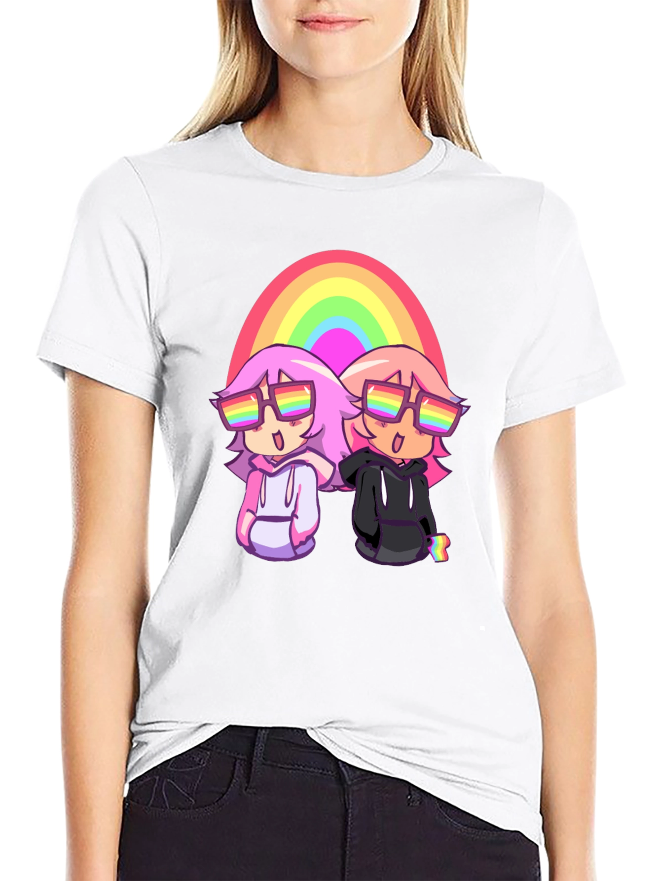 Rainbow Anime Graphic Tee - Black Cotton T-Shirt