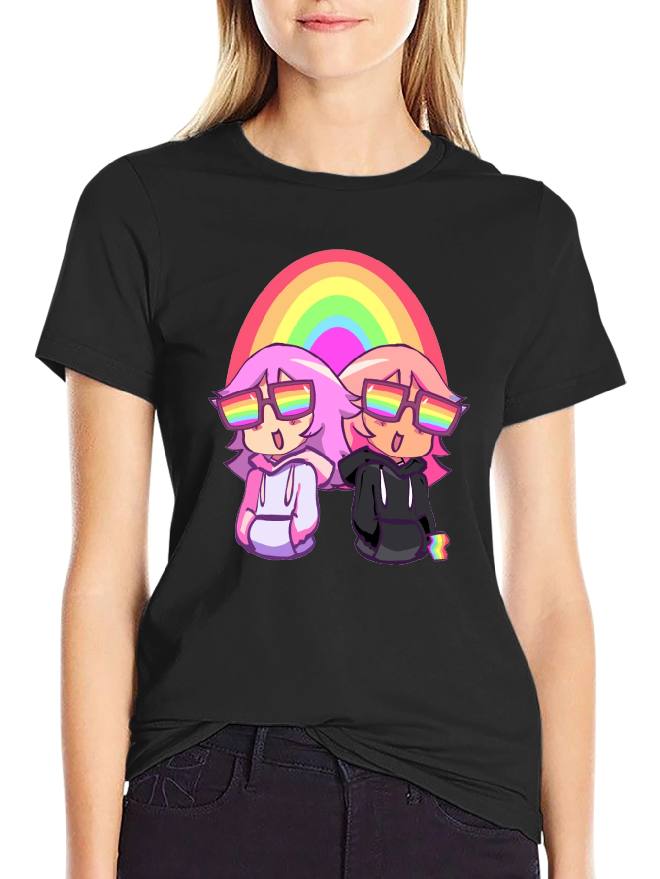 Rainbow Anime Graphic Tee - Black Cotton T-Shirt