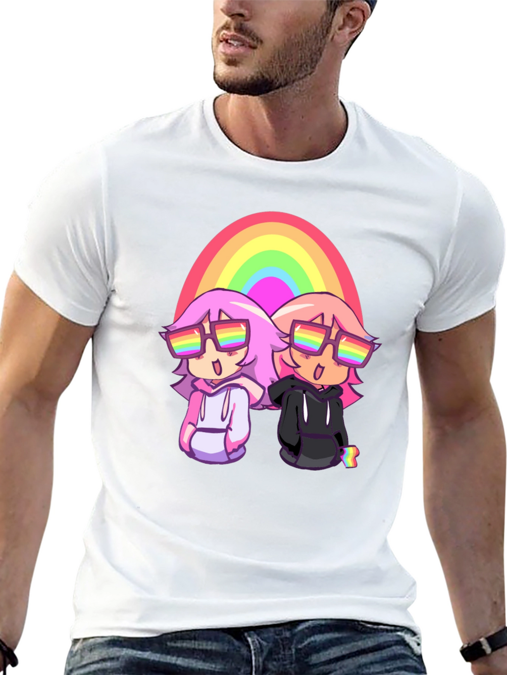 Rainbow Anime Graphic Tee - Black Cotton T-Shirt