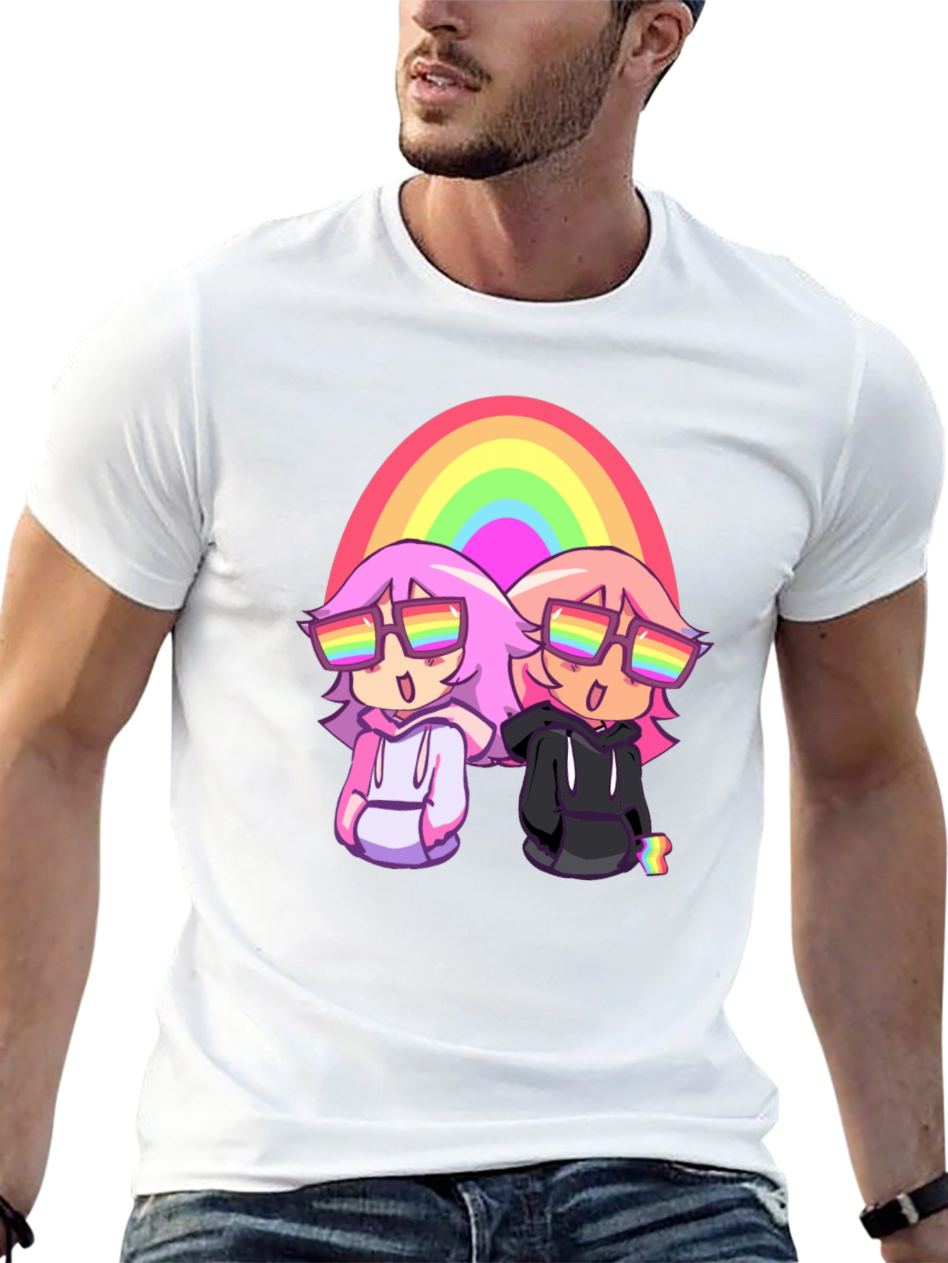 Rainbow Anime Graphic Tee - Black Cotton T-Shirt