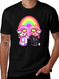 Rainbow Anime Graphic Tee - Black Cotton T-Shirt