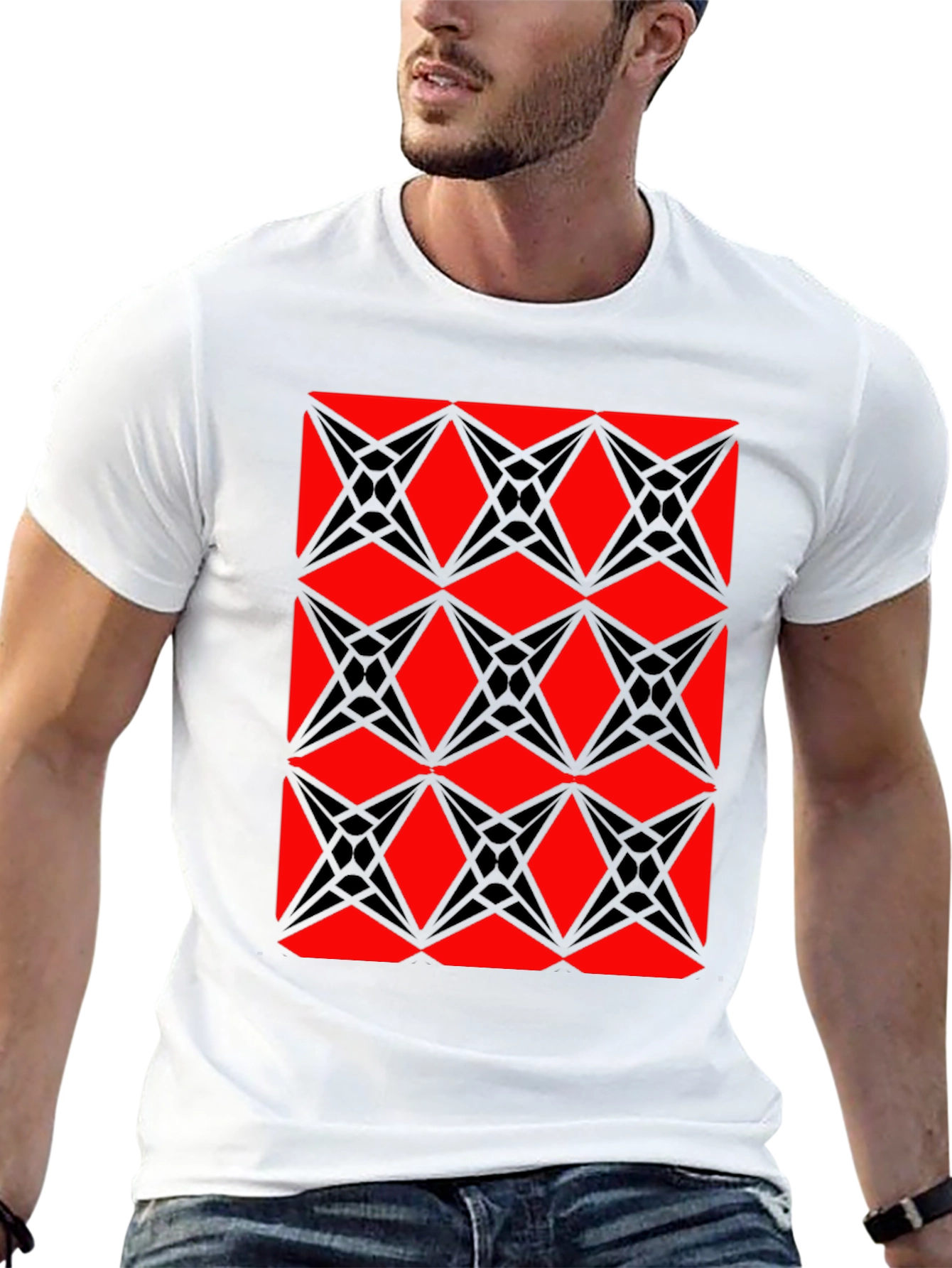Geometric Starburst Pattern T-Shirt - Red & Black