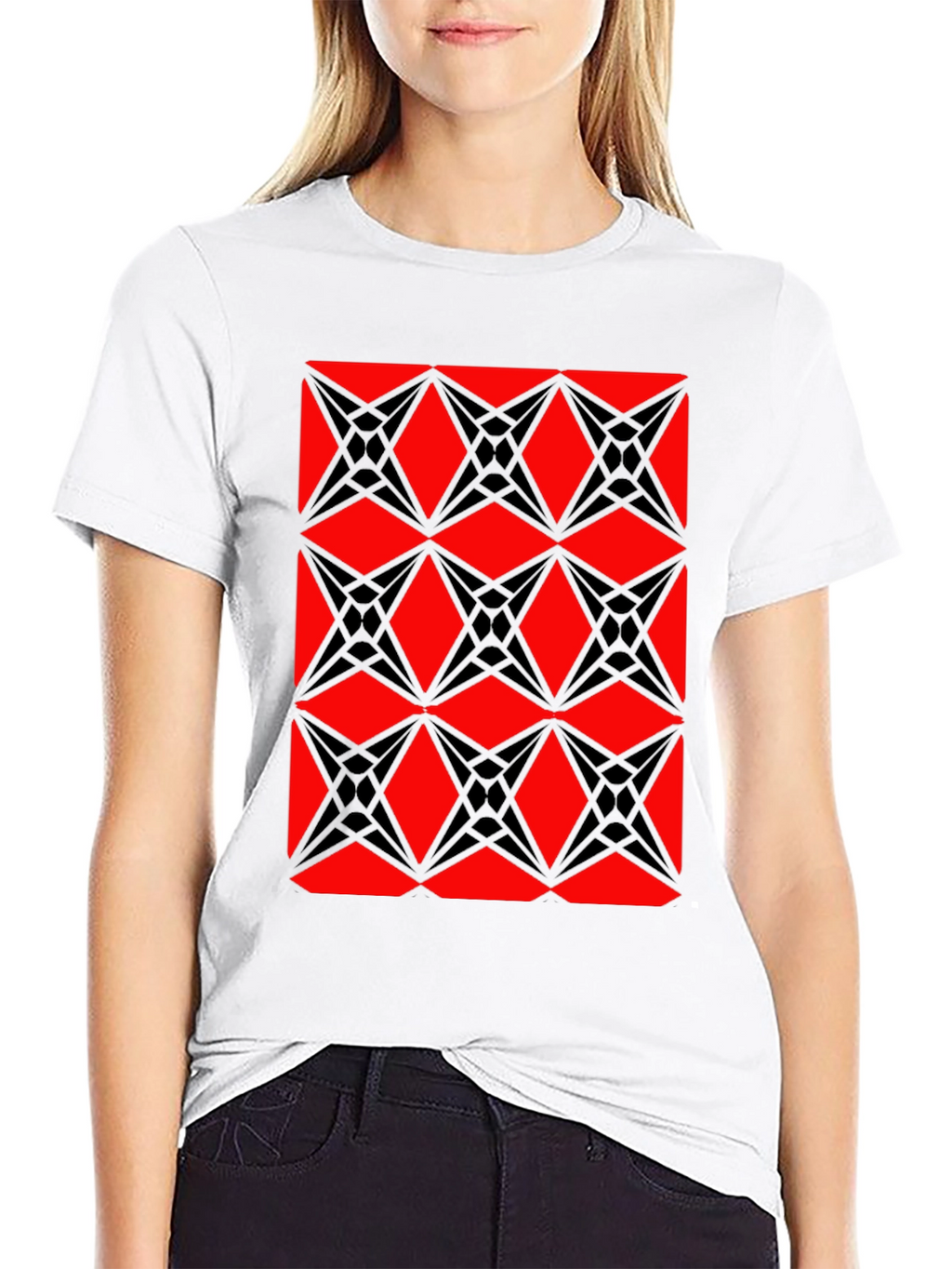 Geometric Starburst Pattern T-Shirt - Red & Black