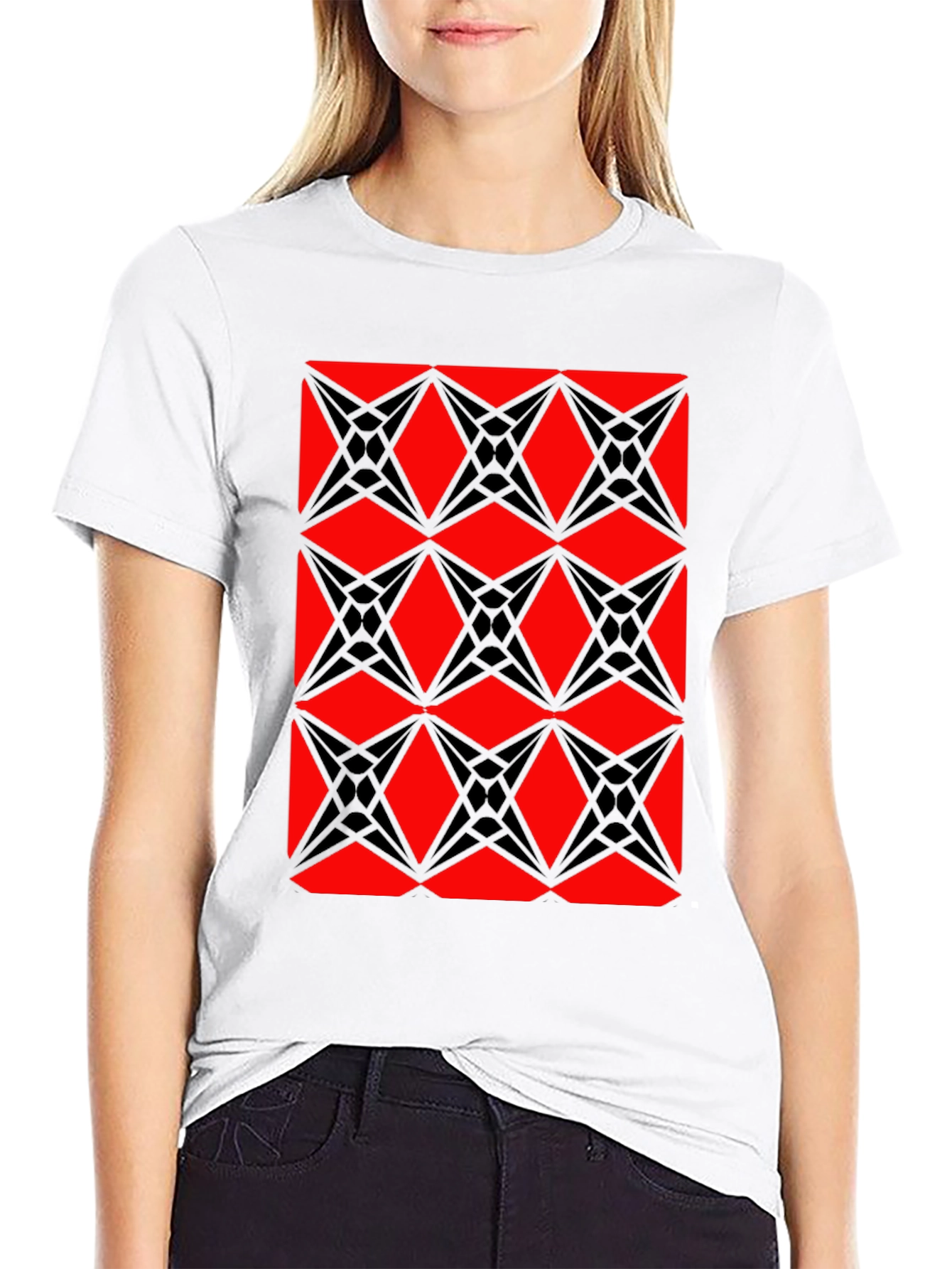 Geometric Starburst Pattern T-Shirt - Red & Black