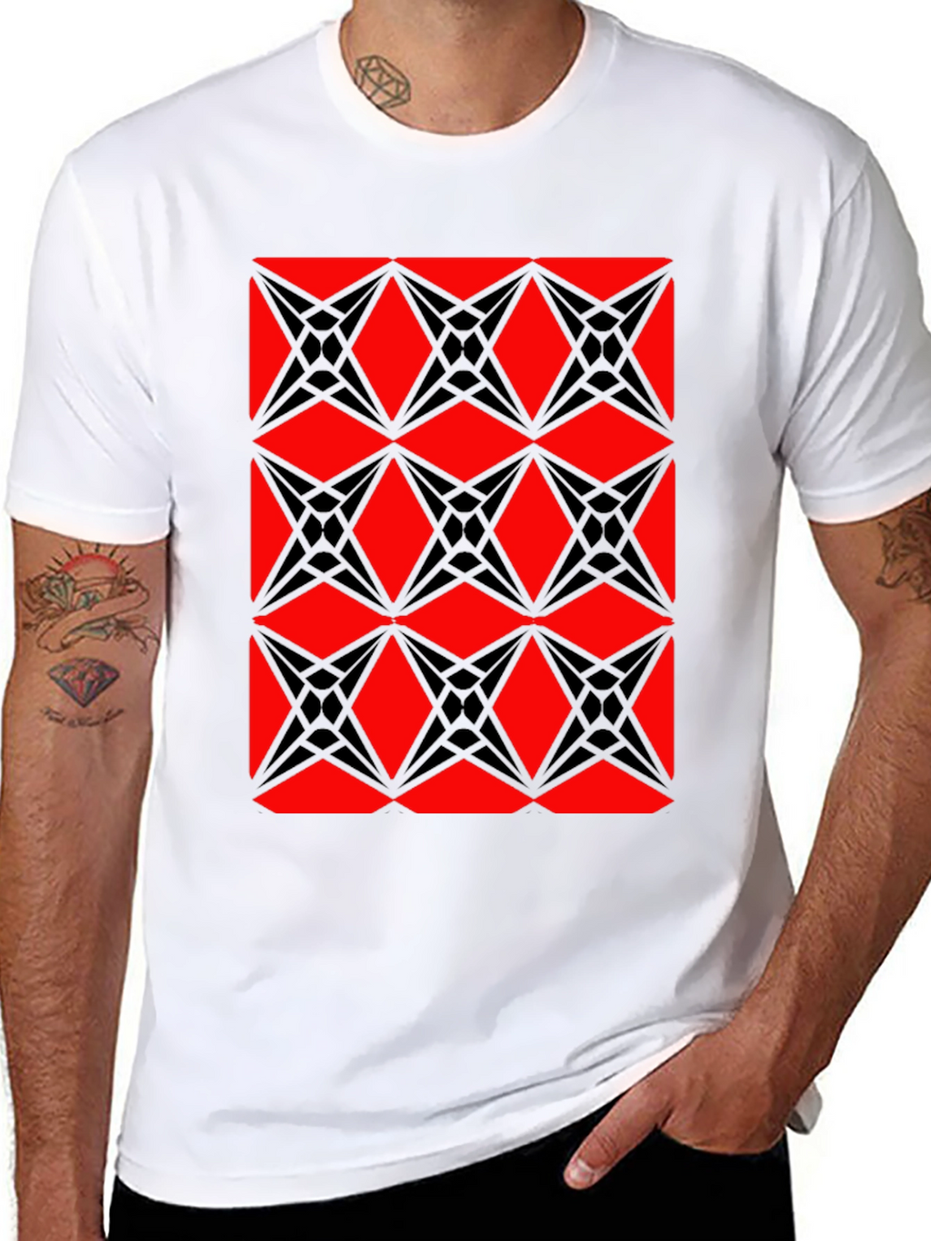 Geometric Starburst Pattern T-Shirt - Red & Black