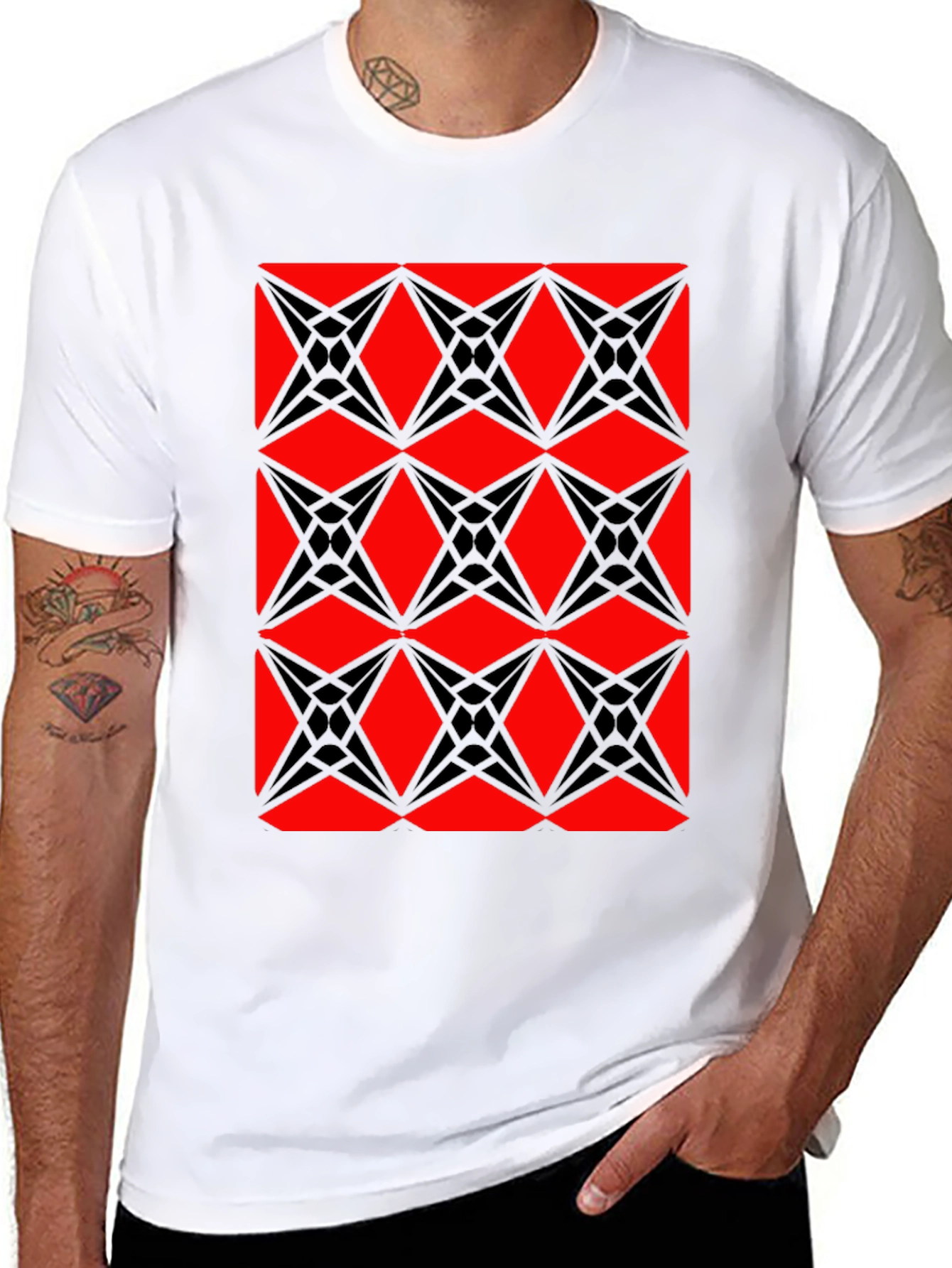 Geometric Starburst Pattern T-Shirt - Red & Black