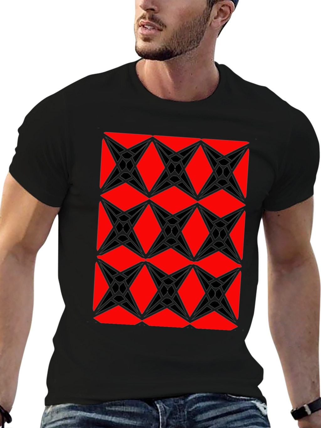 Geometric Starburst Pattern T-Shirt - Red & Black