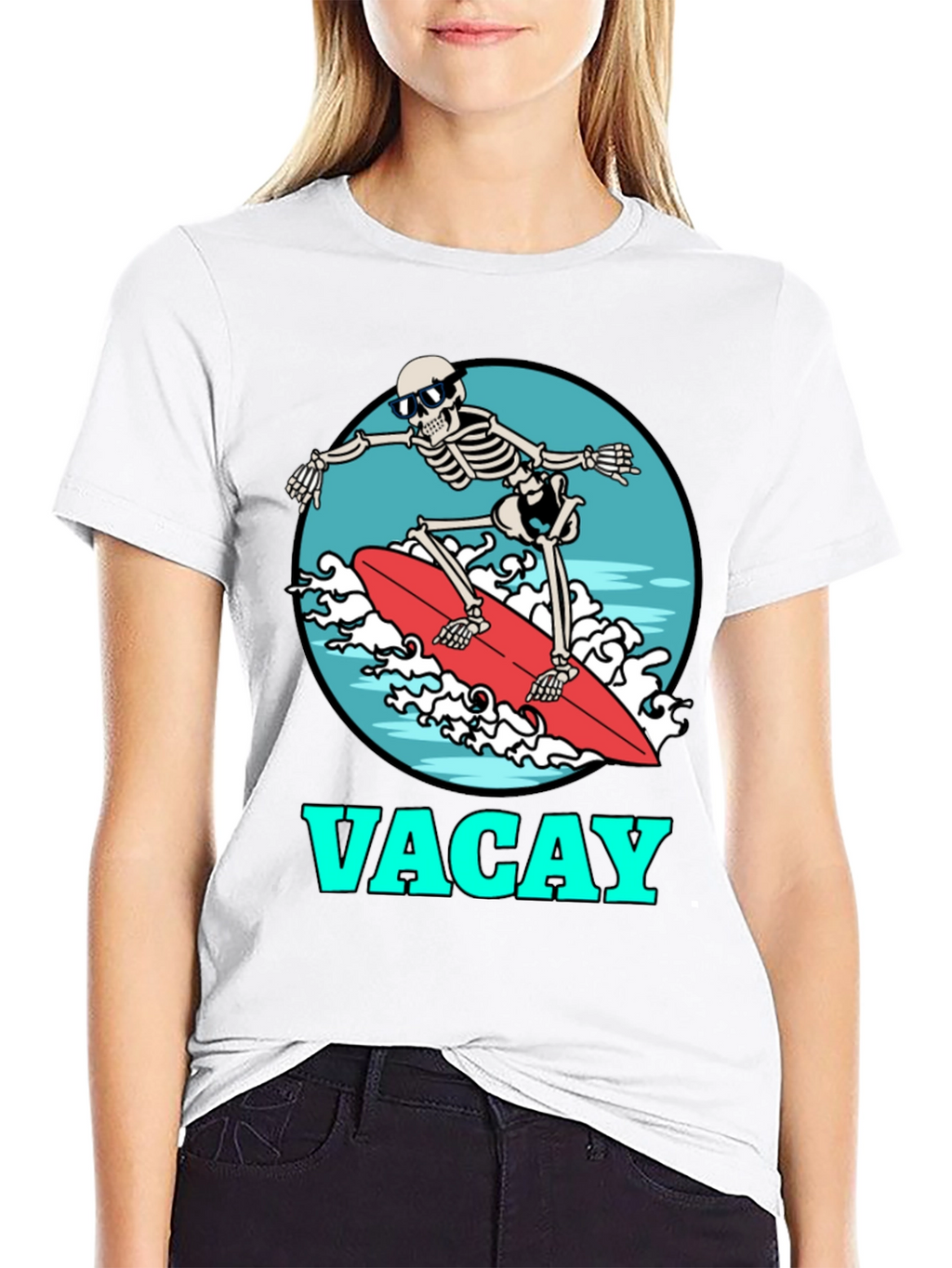 Vacay Skeleton Surfing T-Shirt - Black Graphic Tee