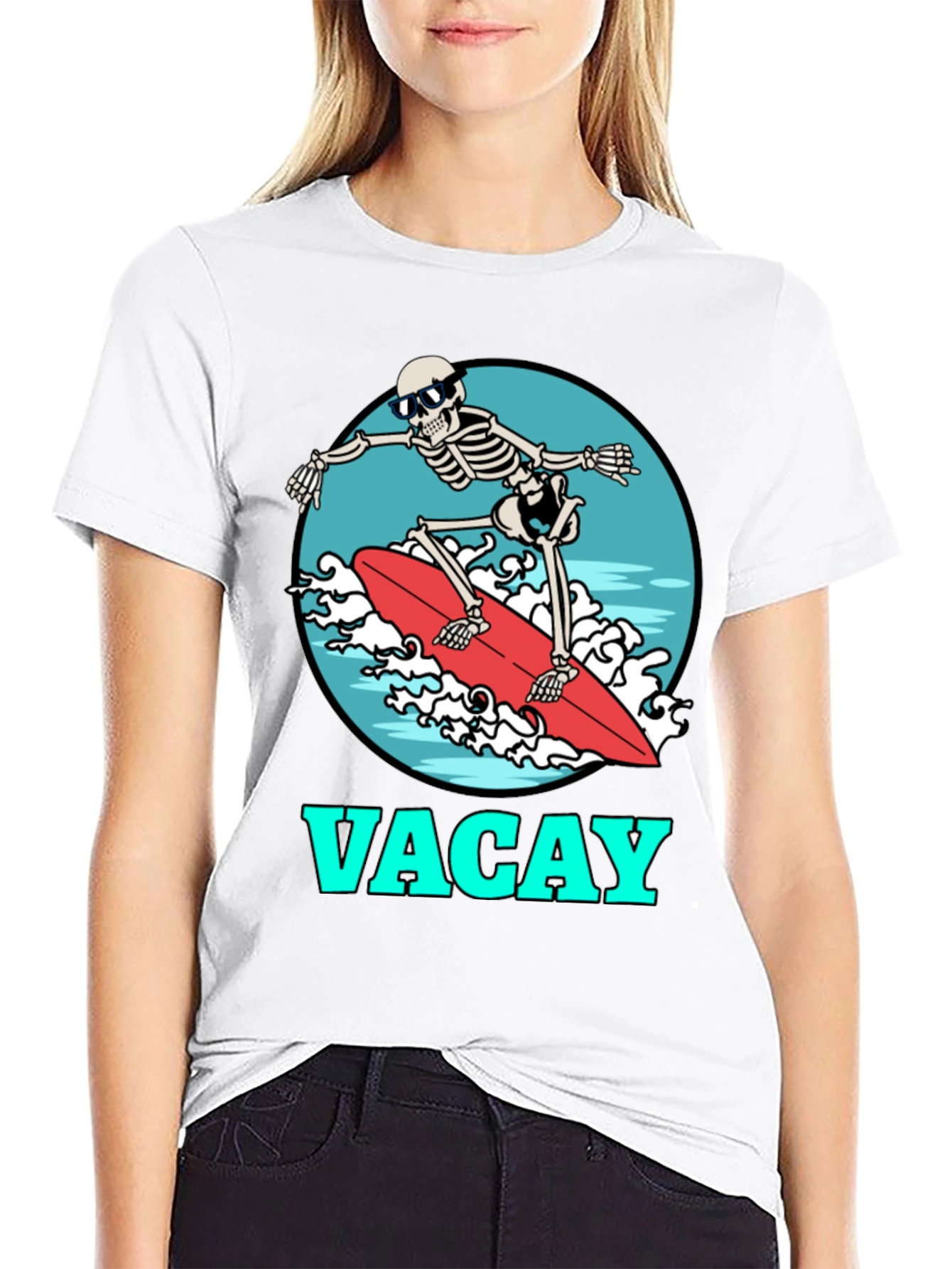 Vacay Skeleton Surfing T-Shirt - Black Graphic Tee
