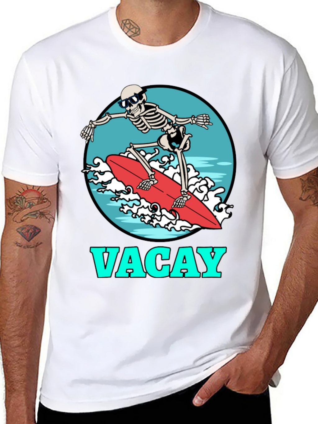 Vacay Skeleton Surfing T-Shirt - Black Graphic Tee