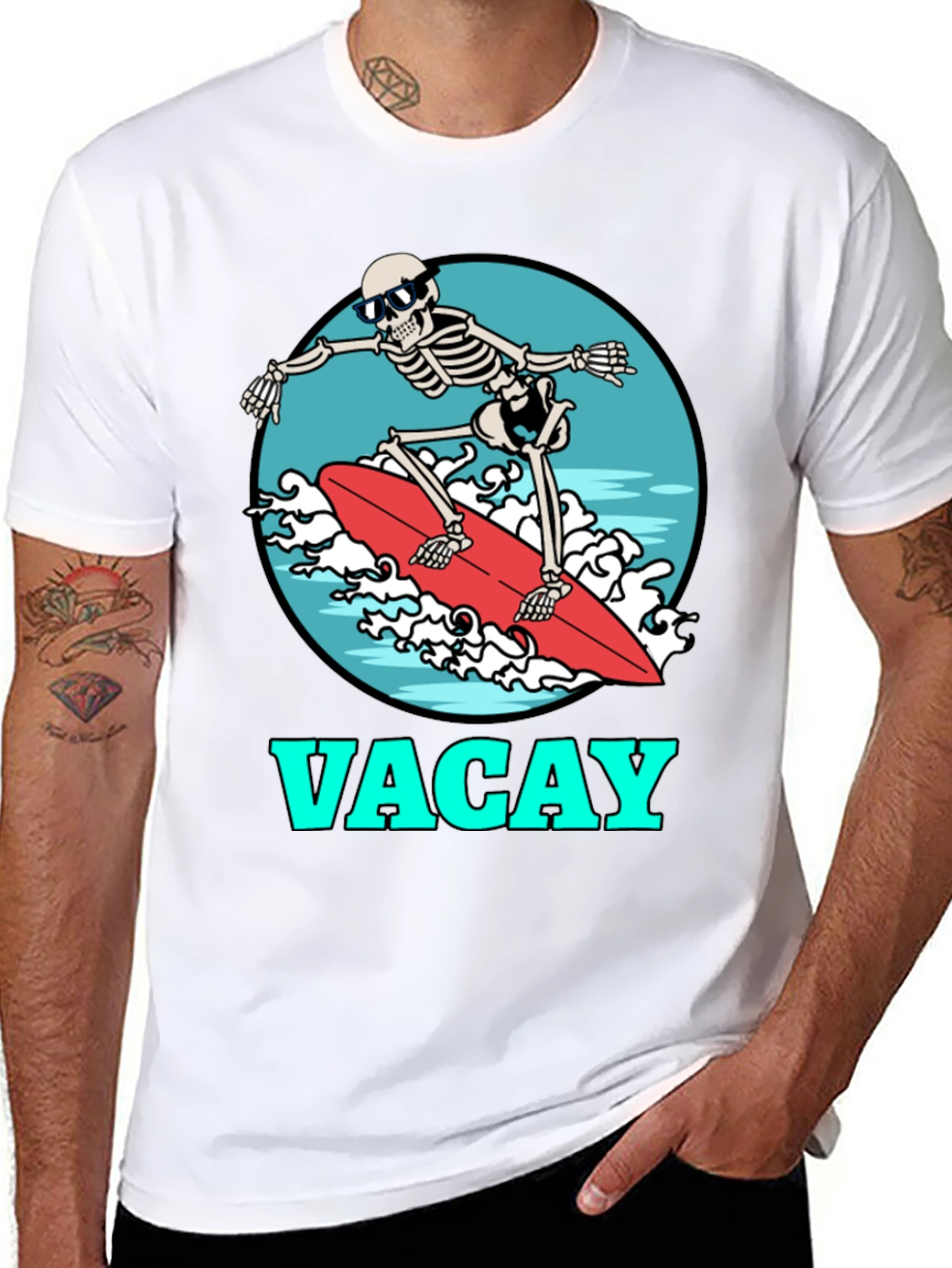 Vacay Skeleton Surfing T-Shirt - Black Graphic Tee