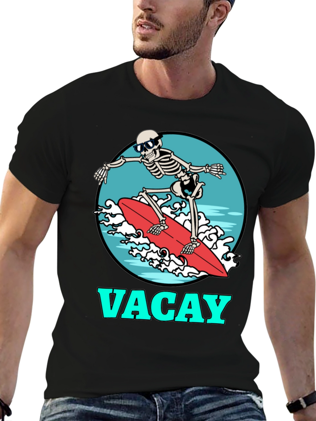 Vacay Skeleton Surfing T-Shirt - Black Graphic Tee