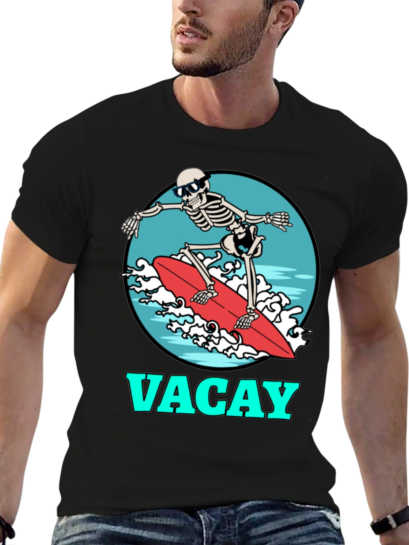 Vacay Skeleton Surfing T-Shirt - Black Graphic Tee