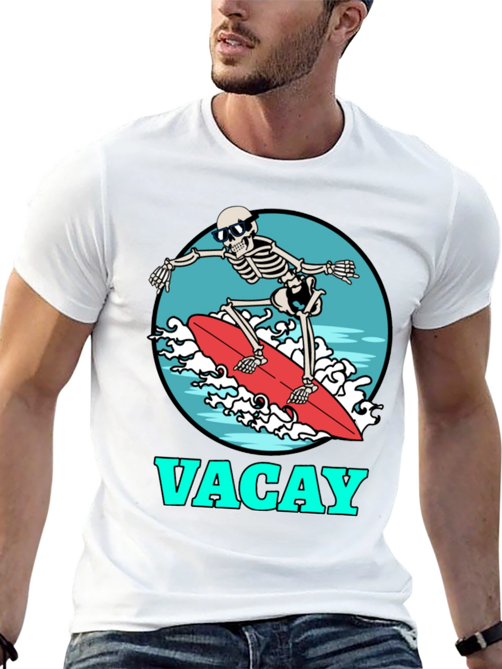 Vacay Skeleton Surfing T-Shirt - Black Graphic Tee