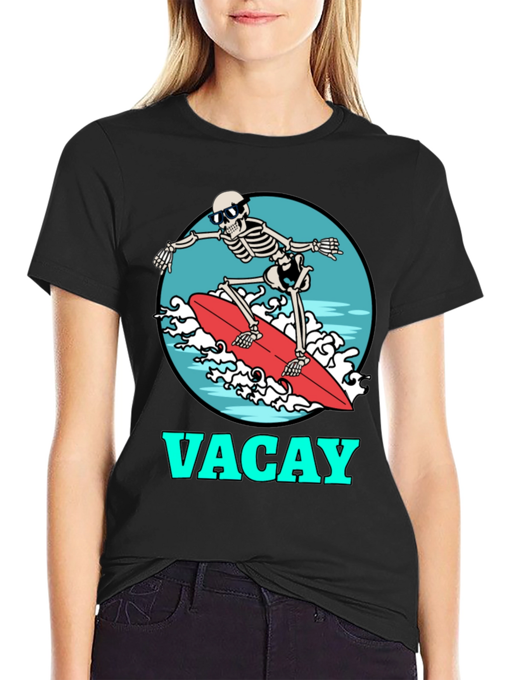 Vacay Skeleton Surfing T-Shirt - Black Graphic Tee
