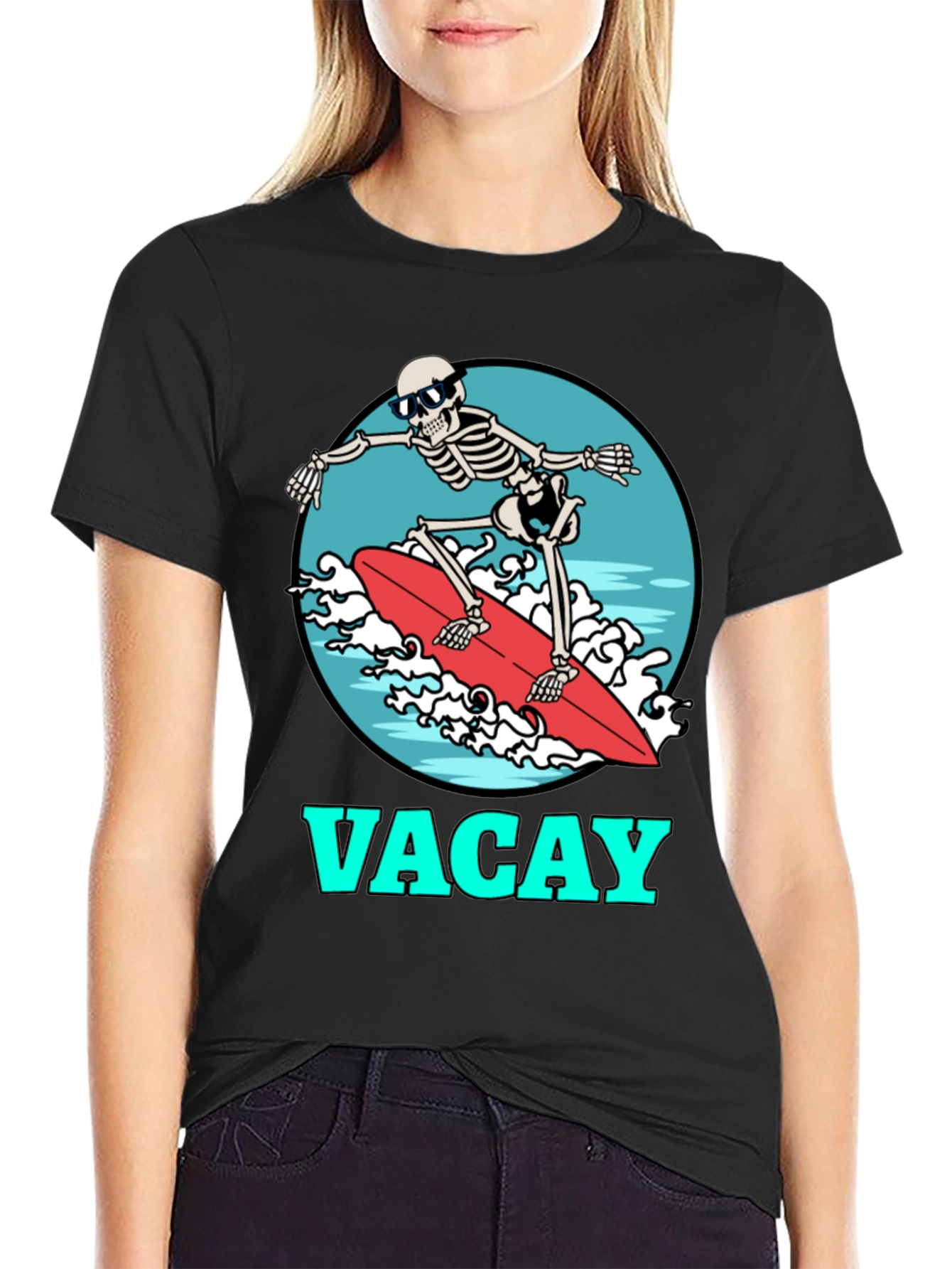 Vacay Skeleton Surfing T-Shirt - Black Graphic Tee