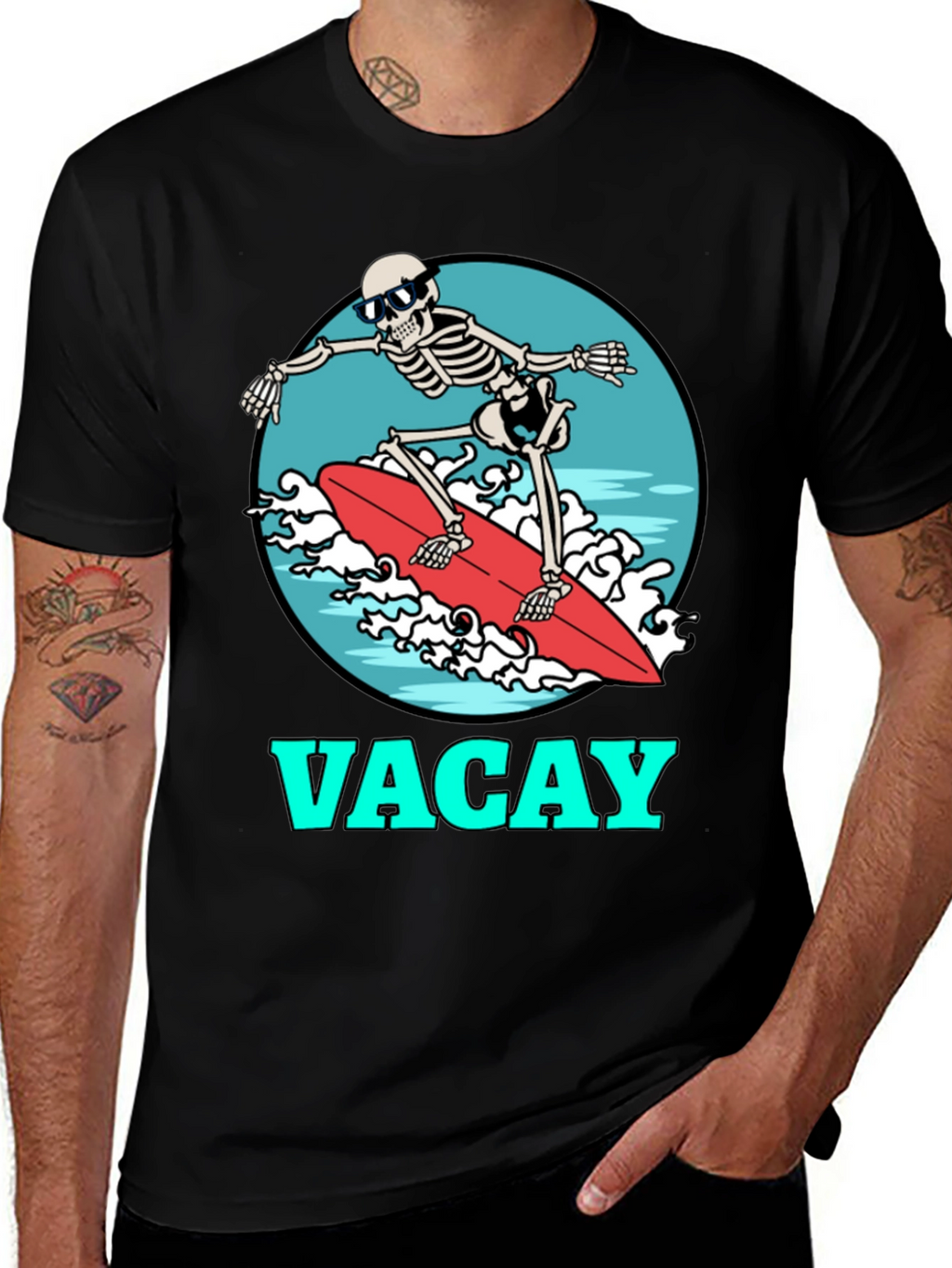 Vacay Skeleton Surfing T-Shirt - Black Graphic Tee