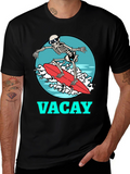 Vacay Skeleton Surfing T-Shirt - Black Graphic Tee