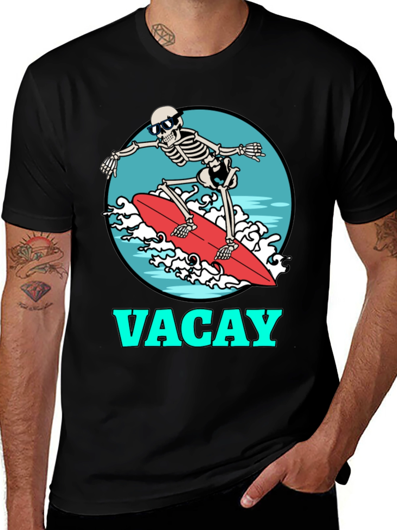 Vacay Skeleton Surfing T-Shirt - Black Graphic Tee
