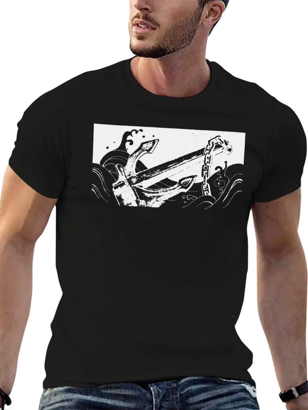 Black T-Shirt with Anchor Graphic Print