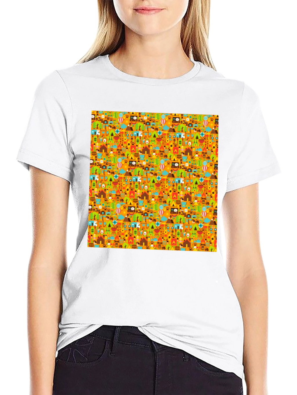 Camping Pattern Mens Black T-Shirt