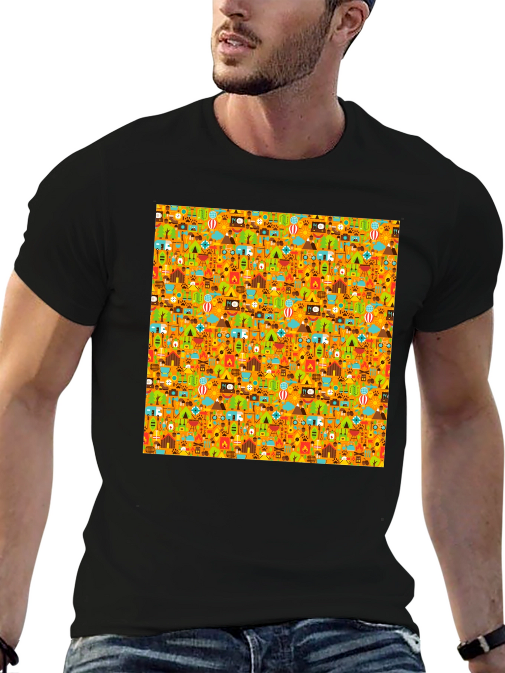 Camping Pattern Mens Black T-Shirt