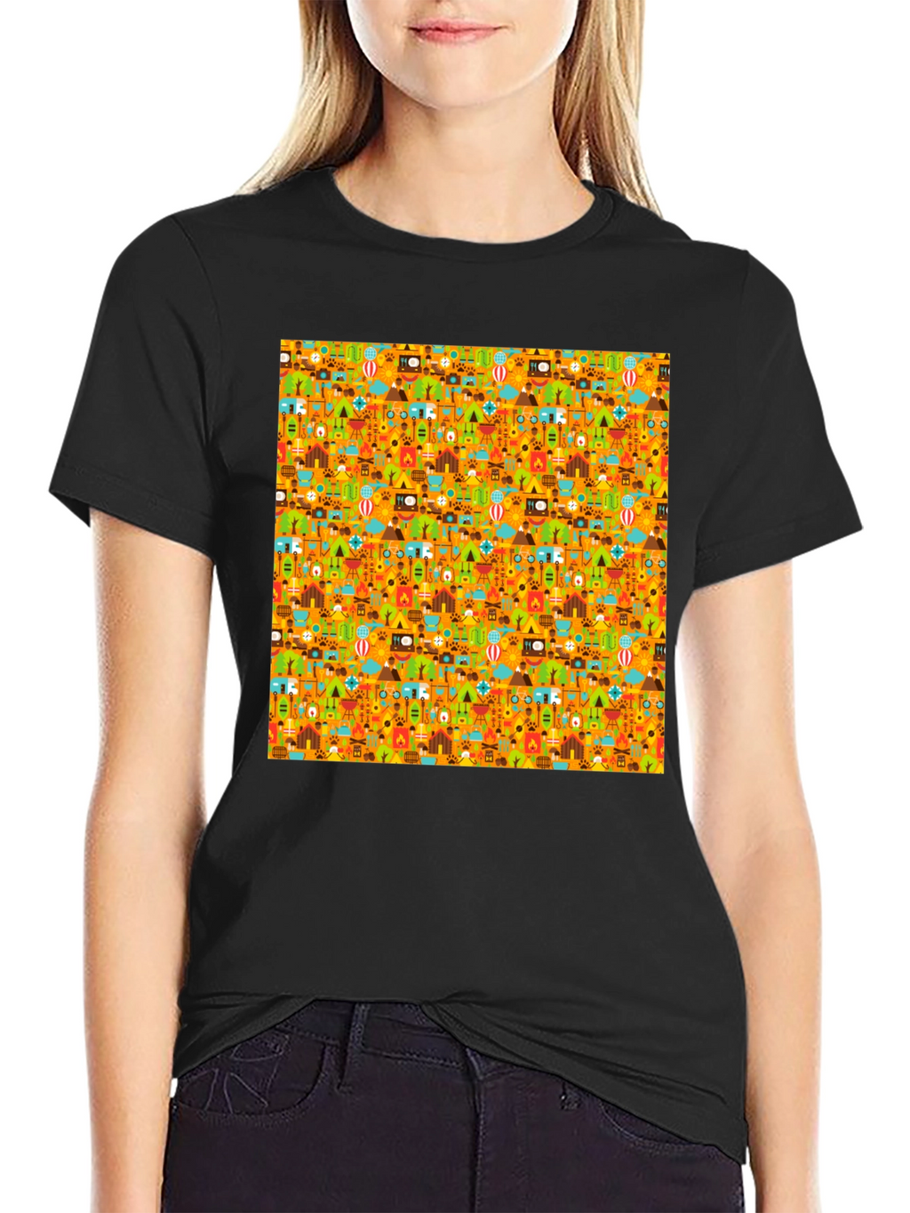 Camping Pattern Mens Black T-Shirt