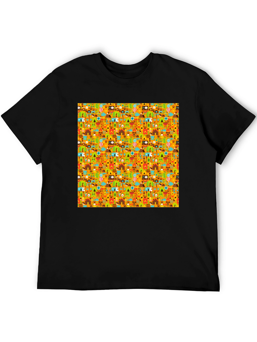 Camping Pattern Mens Black T-Shirt